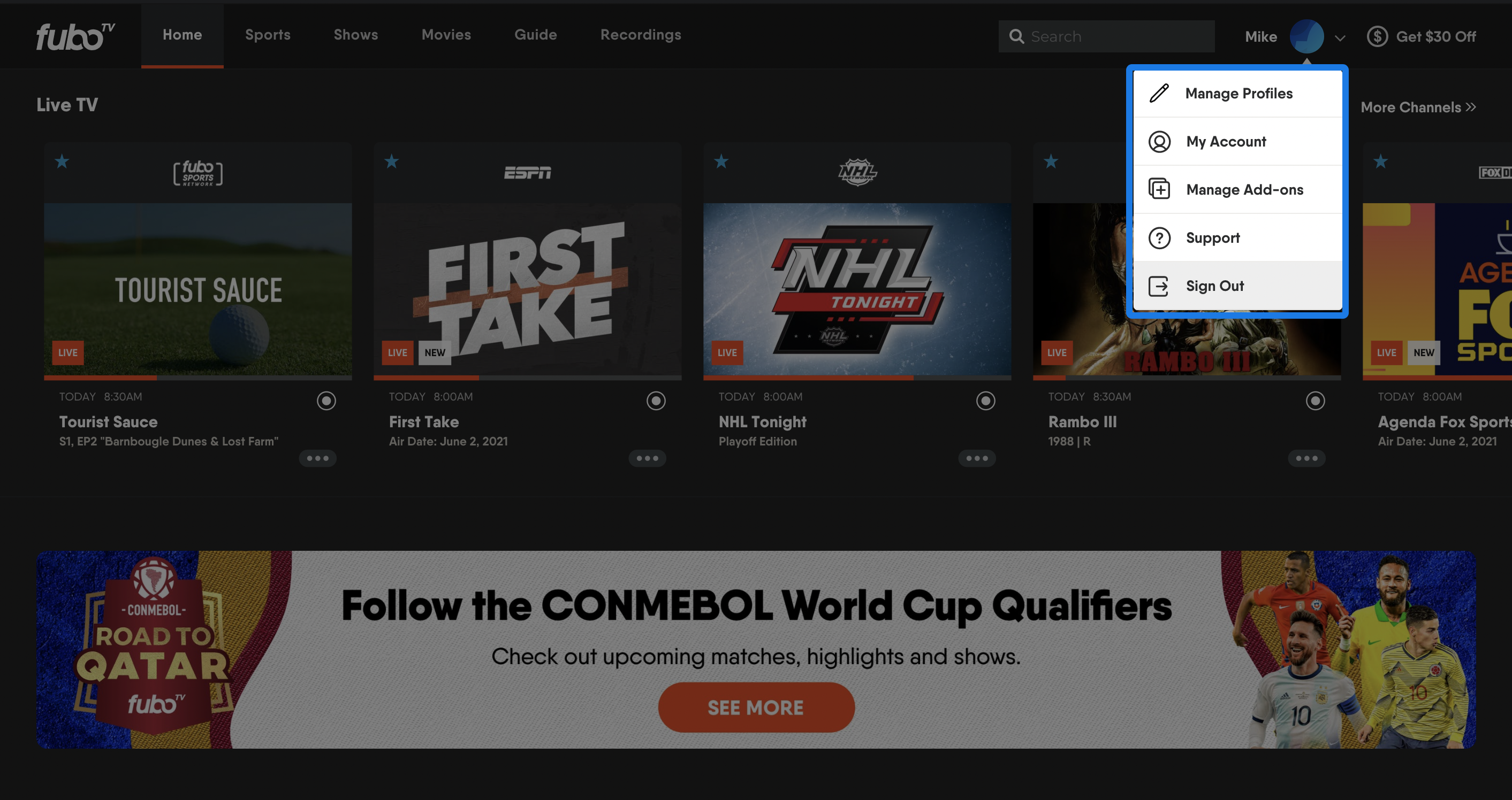Drop-down menu of the FuboTV app on web browser, accessible by clicking the profile name in the upper-right with SIGN OUT highlighted