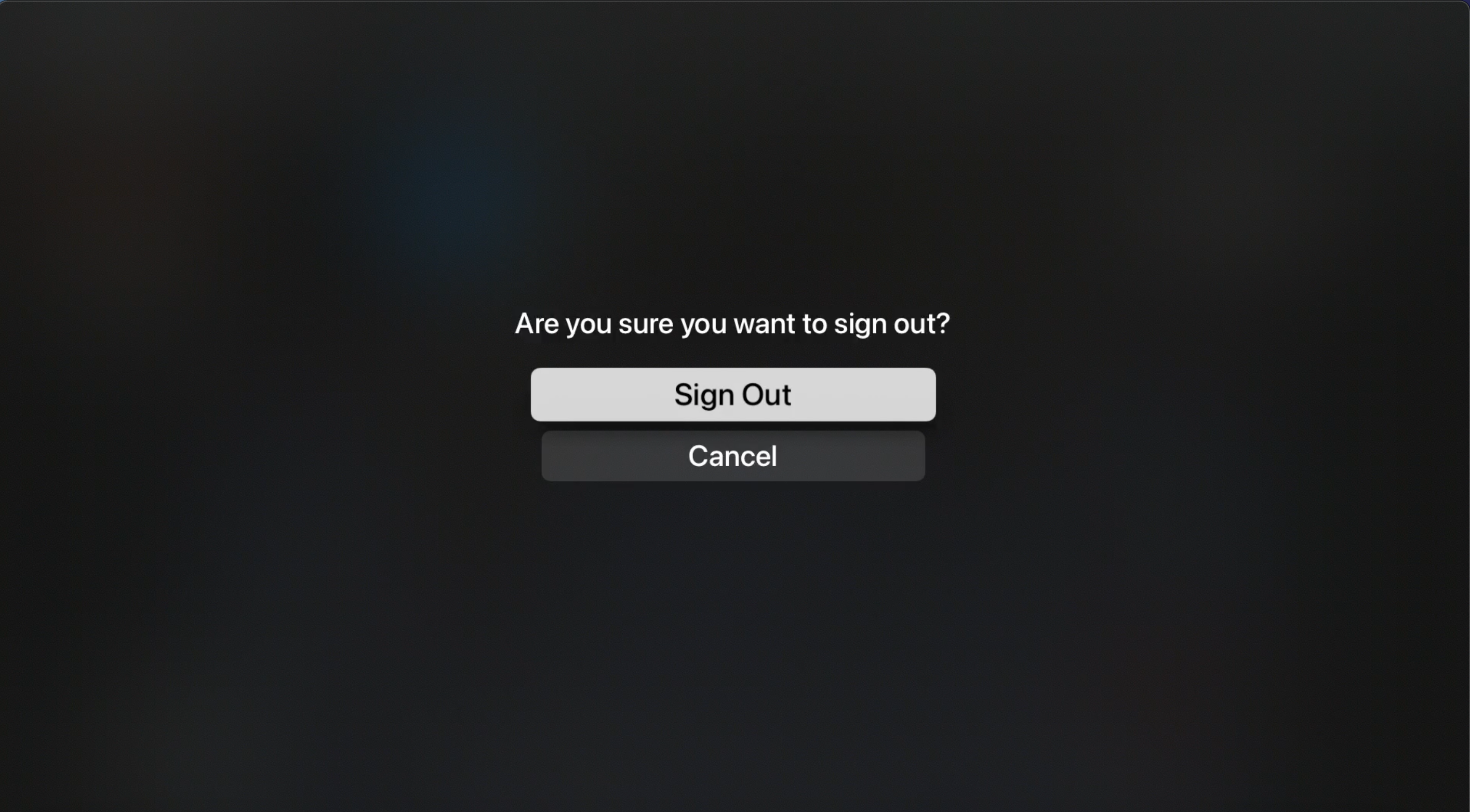 Sign out confirmation page of the FuboTV app on Apple TV with SIGN OUT button highlighted at center