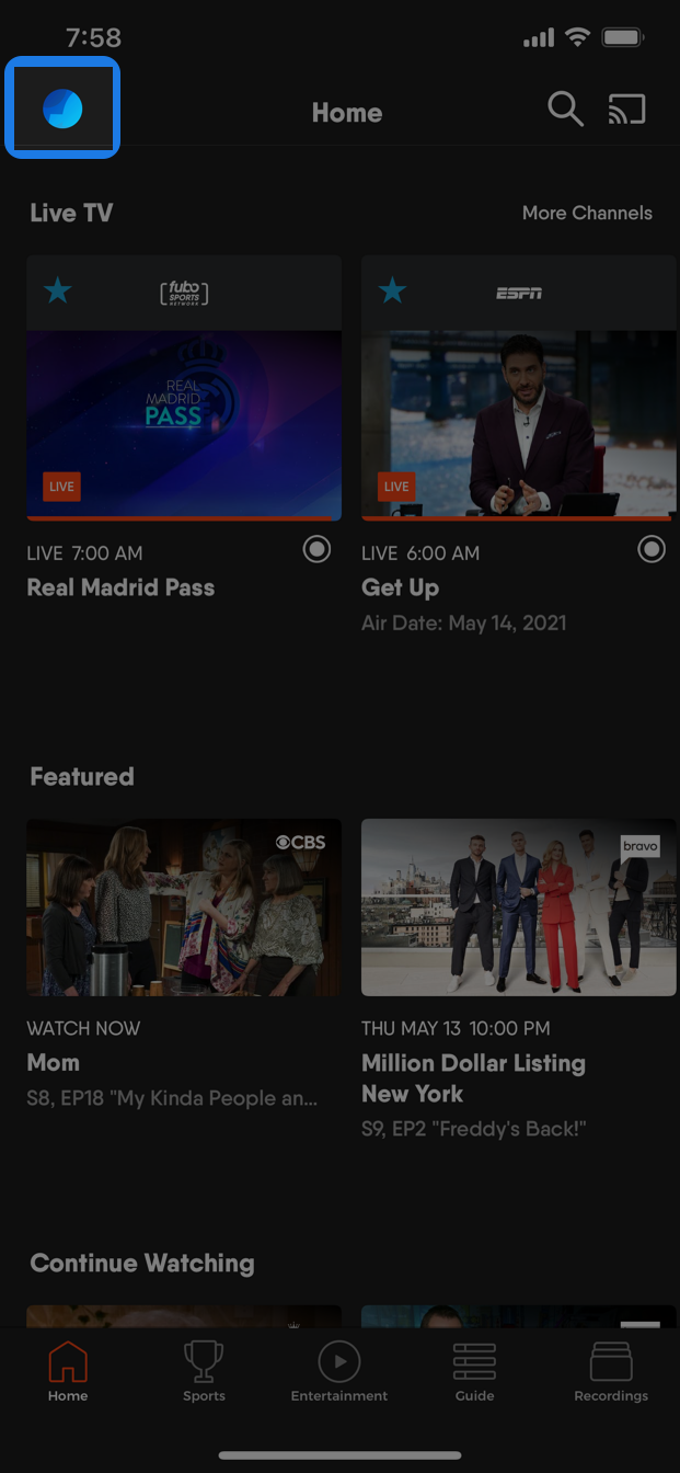 Home screen of the FuboTV app on an iOS device with the account icon highlighted in the upper-left
