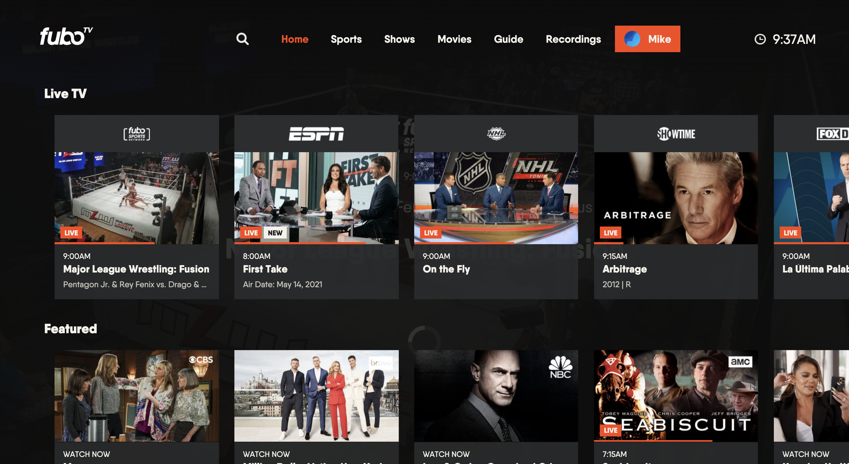 Home screen of the FuboTV app on an LG TV with the account icon highlighted in the upper-right