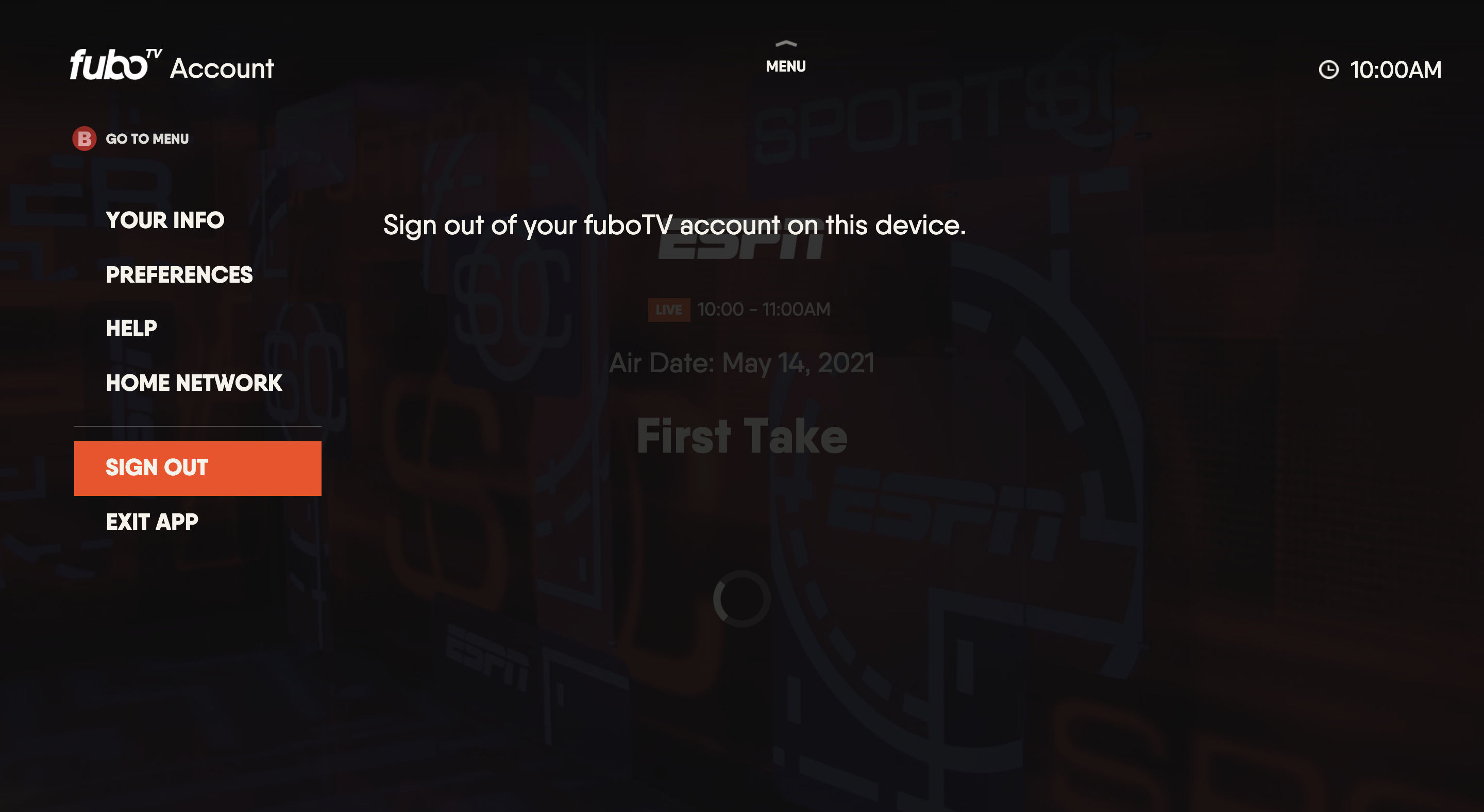Account page of the FuboTV app on a Vizio TV with SIGN OUT button highlighted