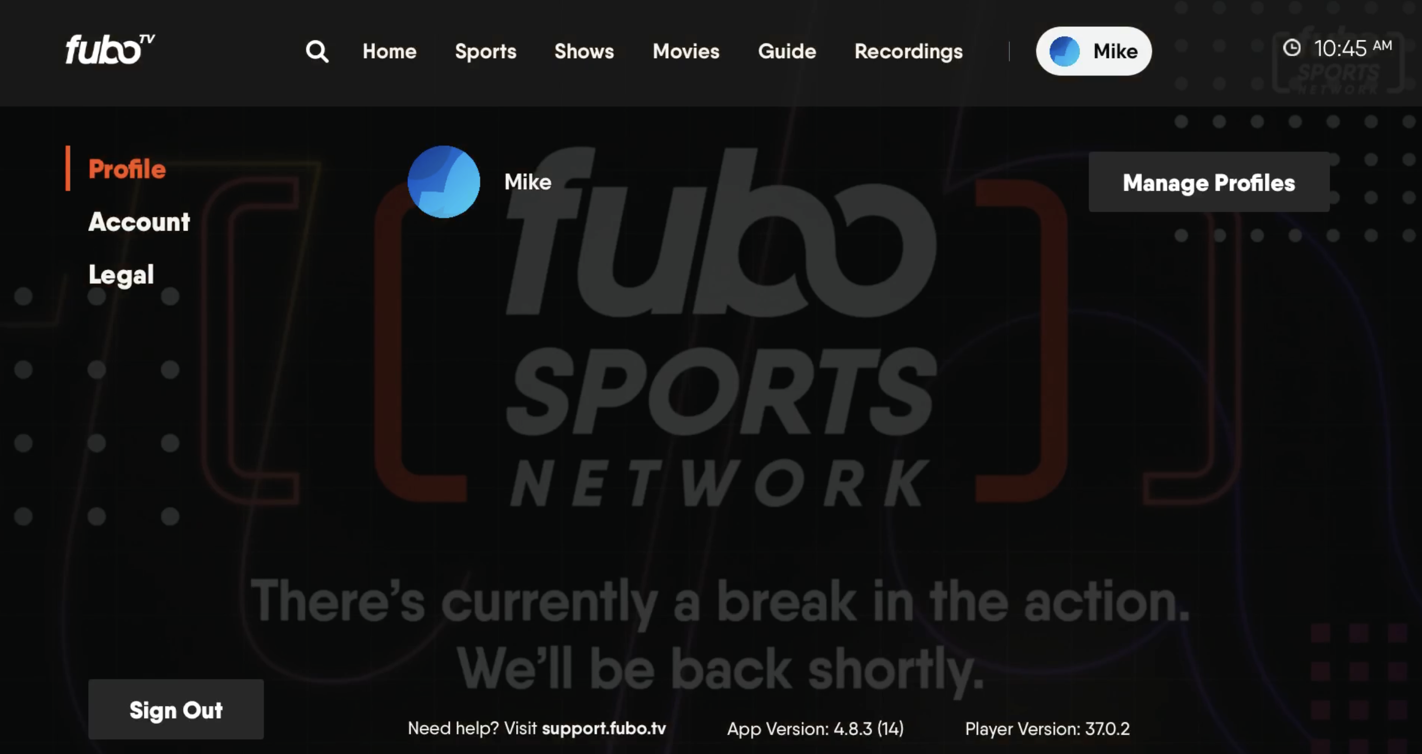 How do I sign out of the Fubo app? Help Center