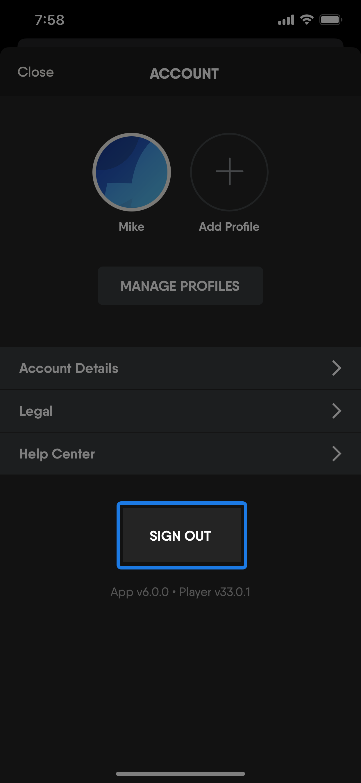 Account page of the FuboTV app on an iOS device with the SIGN OUT button highlighted in the lower-center