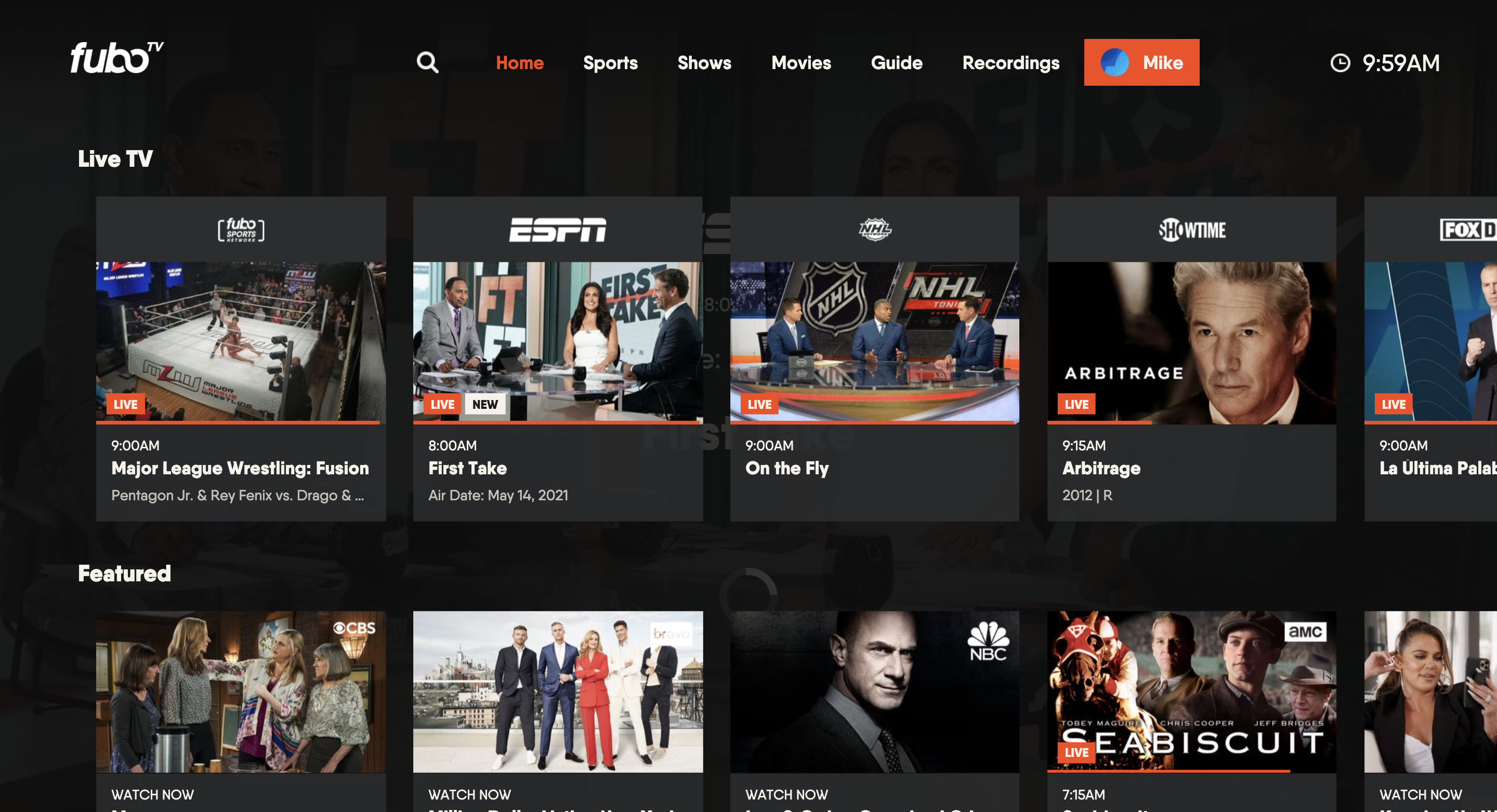 Home screen of the FuboTV app on an Xbox with the profile icon highlighted in the upper-right