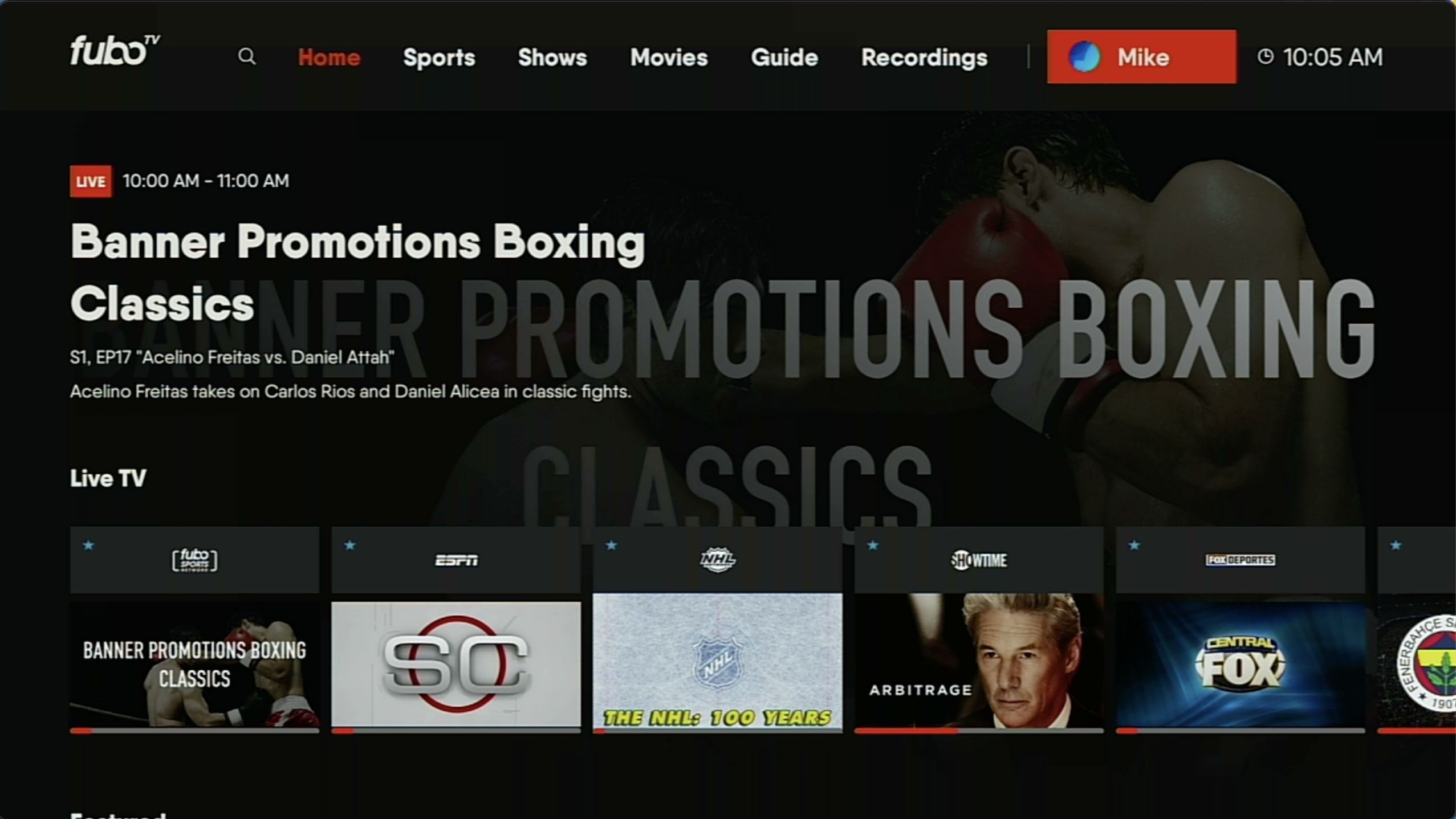 Home screen of the FuboTV app on Android TV with profile name highlighted in upper right