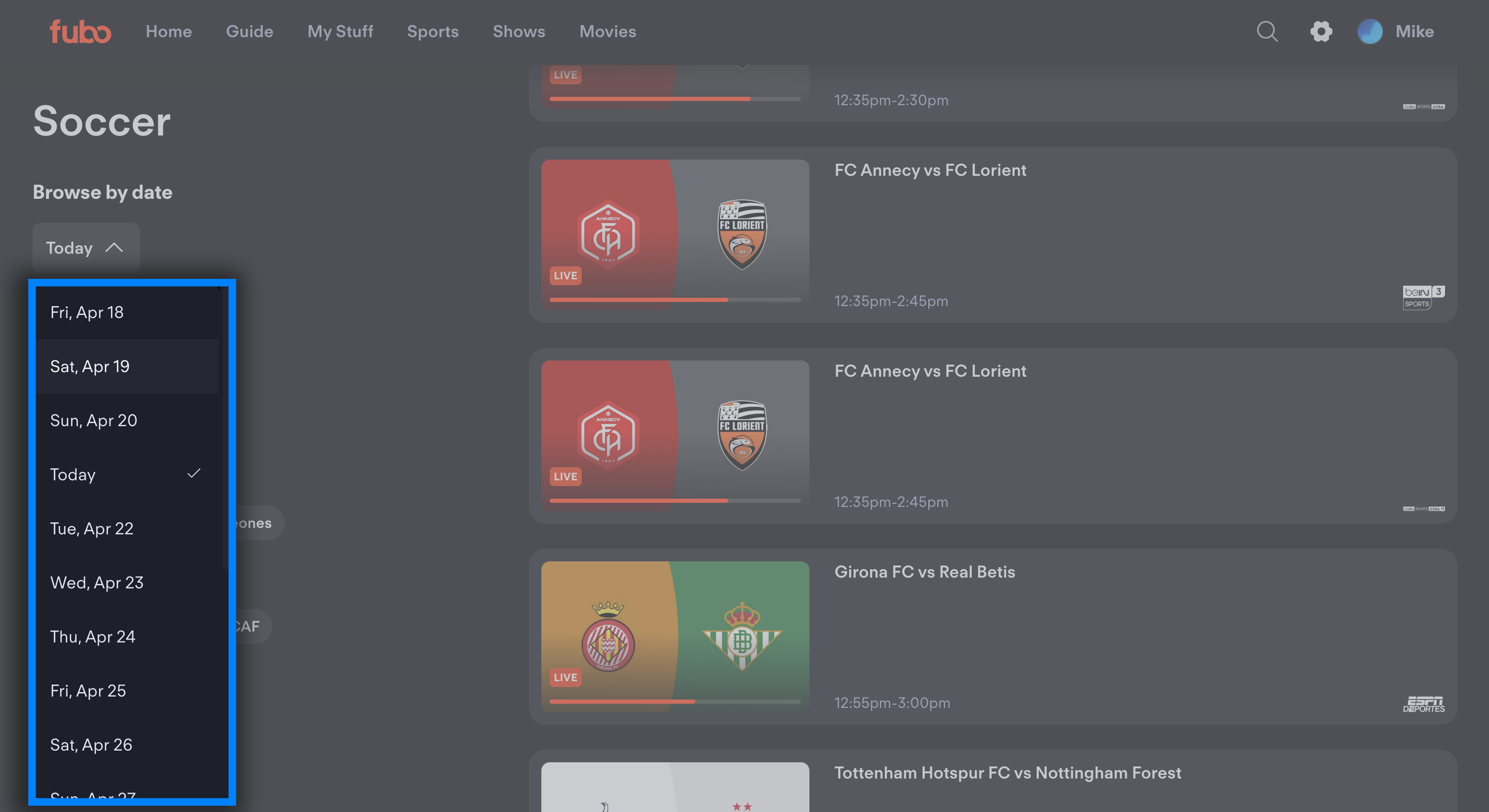 The Sports screen of the Fubo web app with date filter selected to view upcoming and previously-aired events