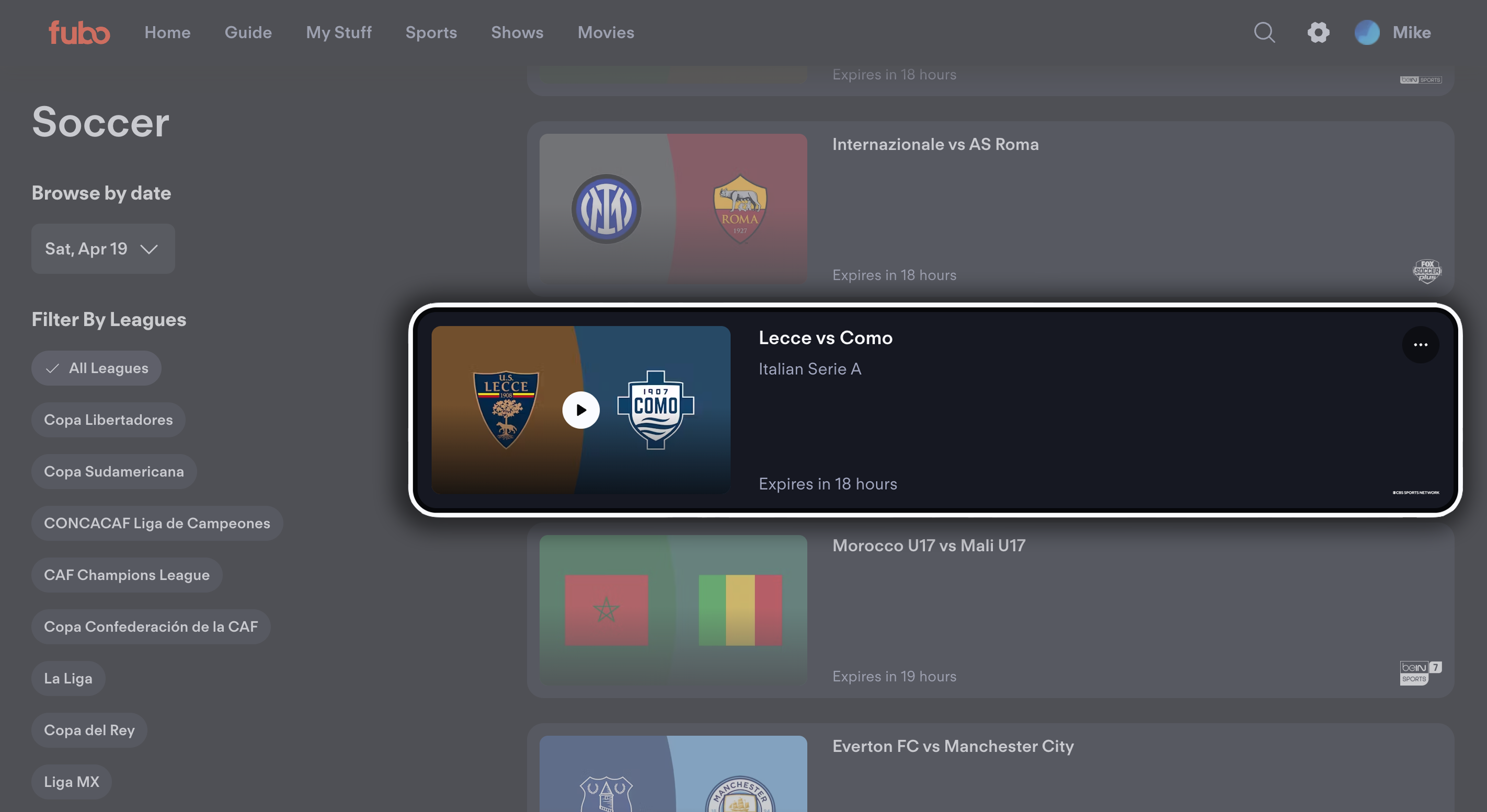 The Sports screen of the Fubo web app with a previously-aired event highlighted and ready to play