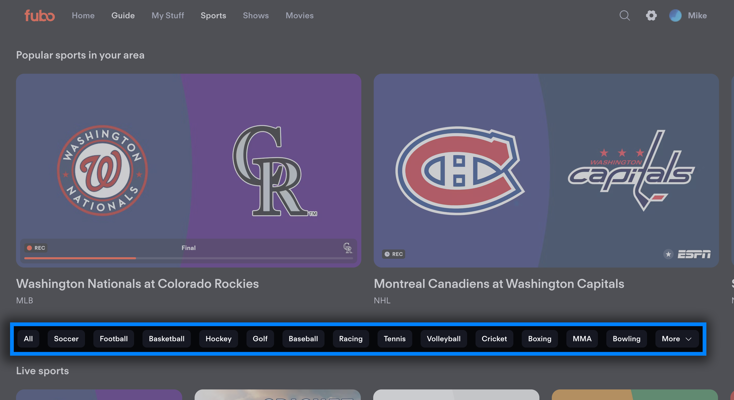 The Sports screen of the Fubo web app with available sports filters displayed
