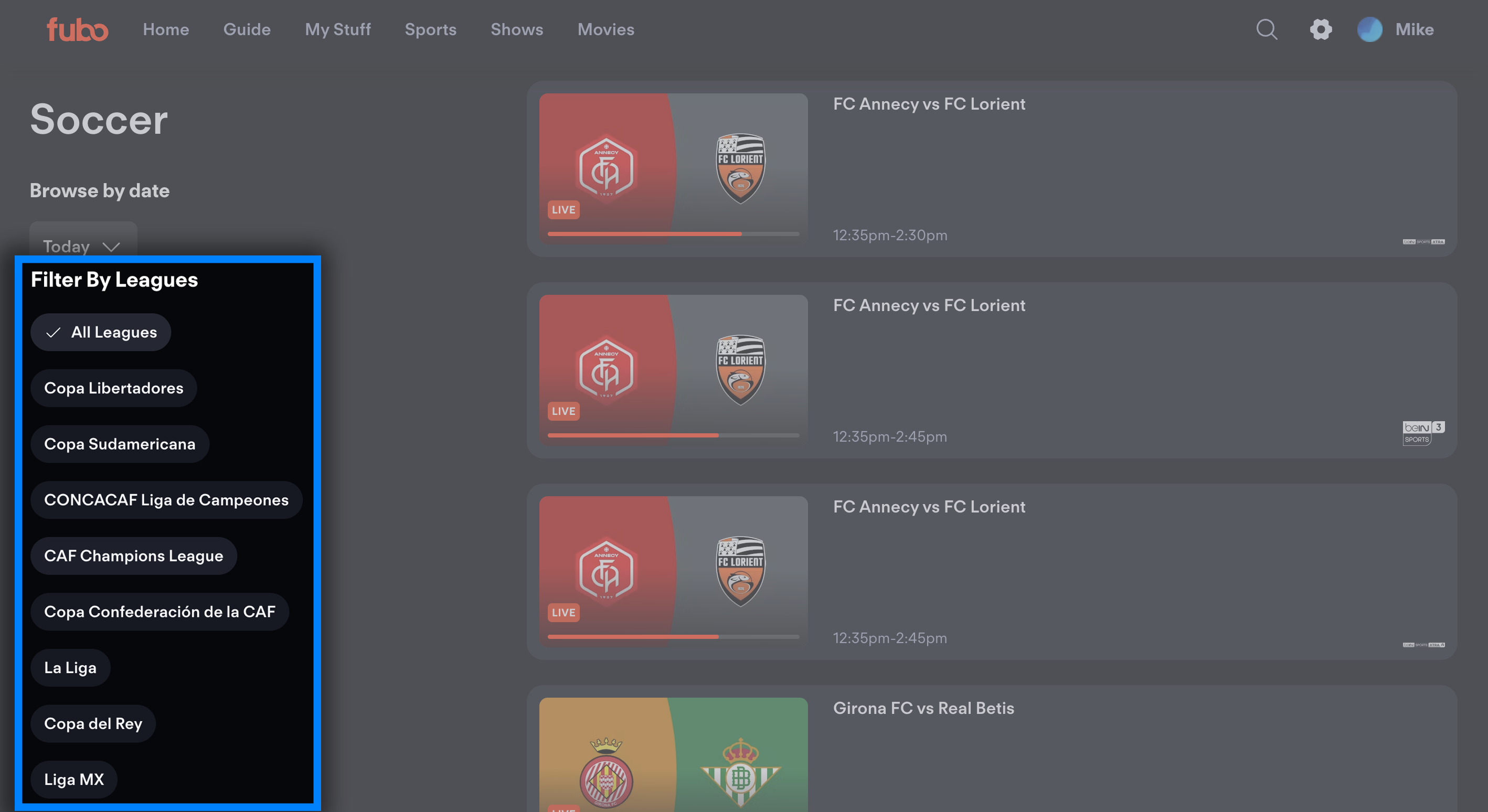 The Sports screen of the Fubo web app with available leagues highlighted