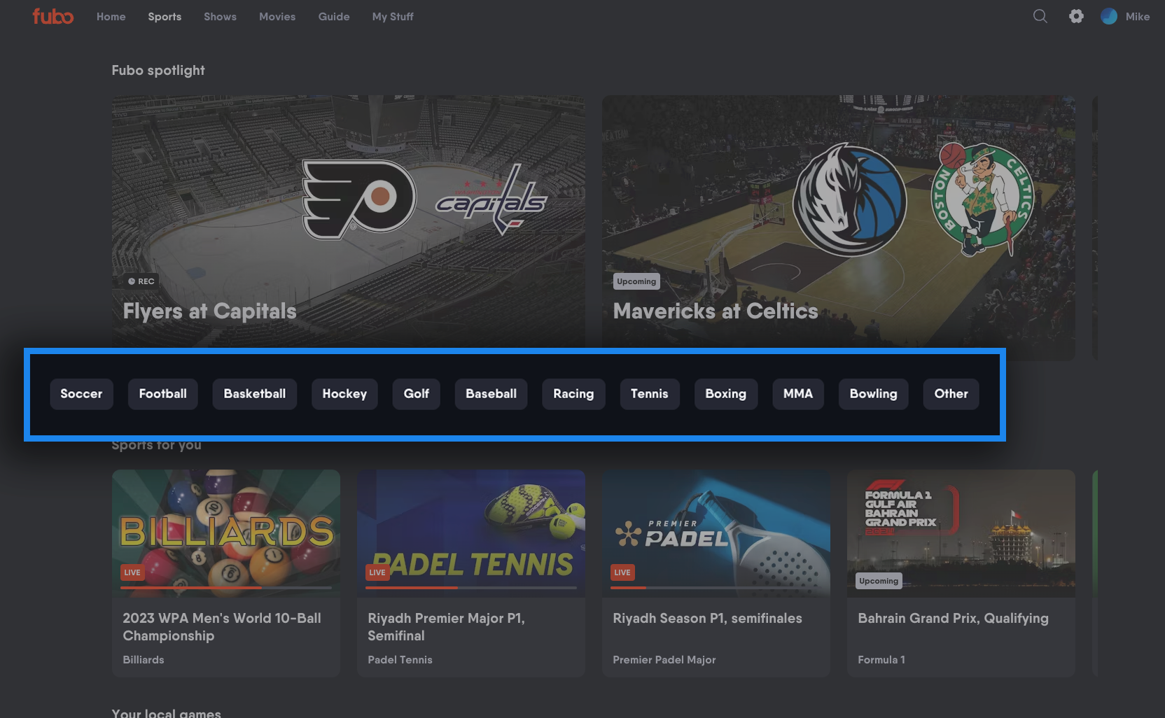 La pantalla de Deportes de Fubo en un navegador mostrando ligas disponibles