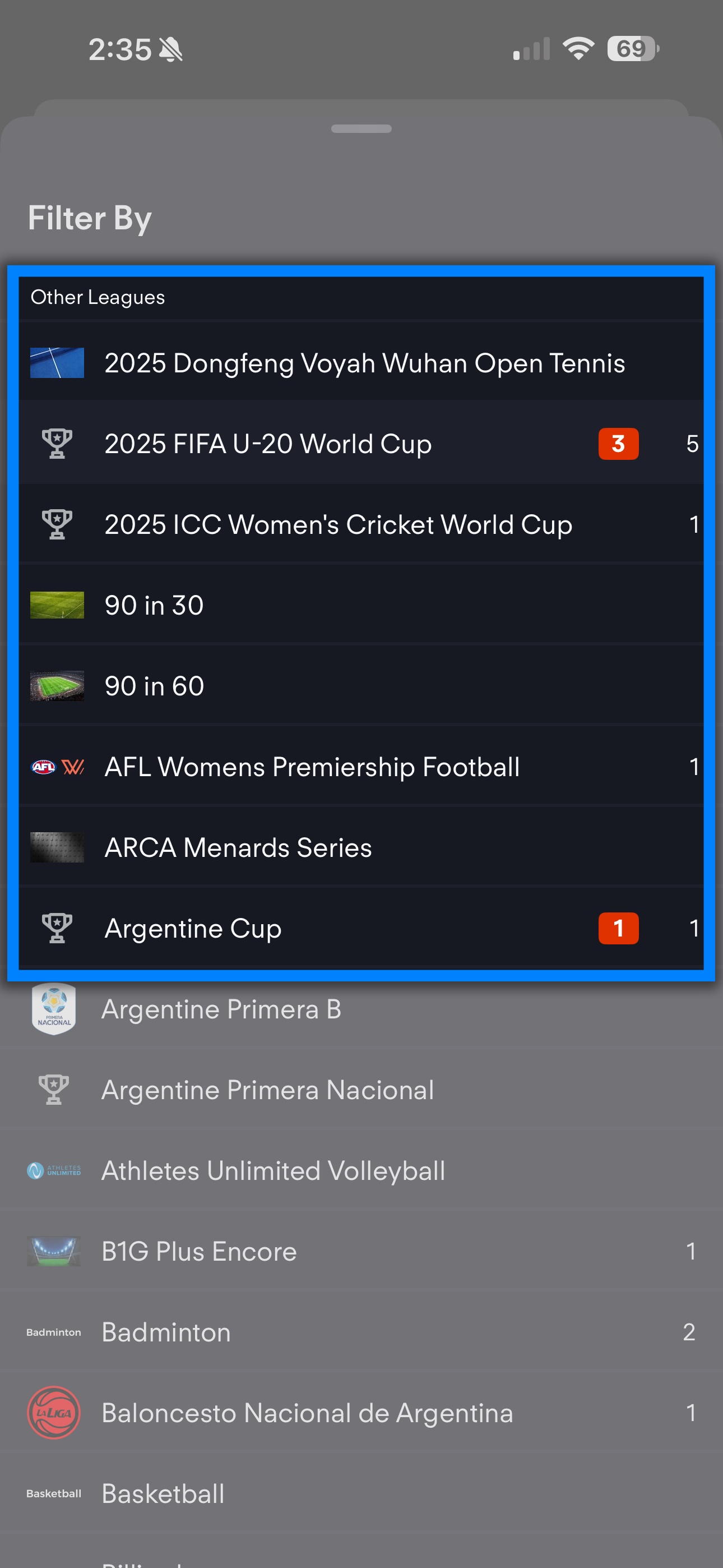 Filtro de fecha de la pantalla de Deportes de la app de Fubo en iOS