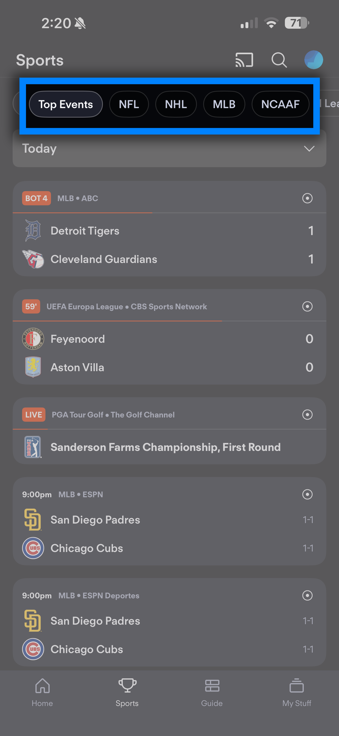 Pantalla principal de Deportes de la app de Fubo en iOS