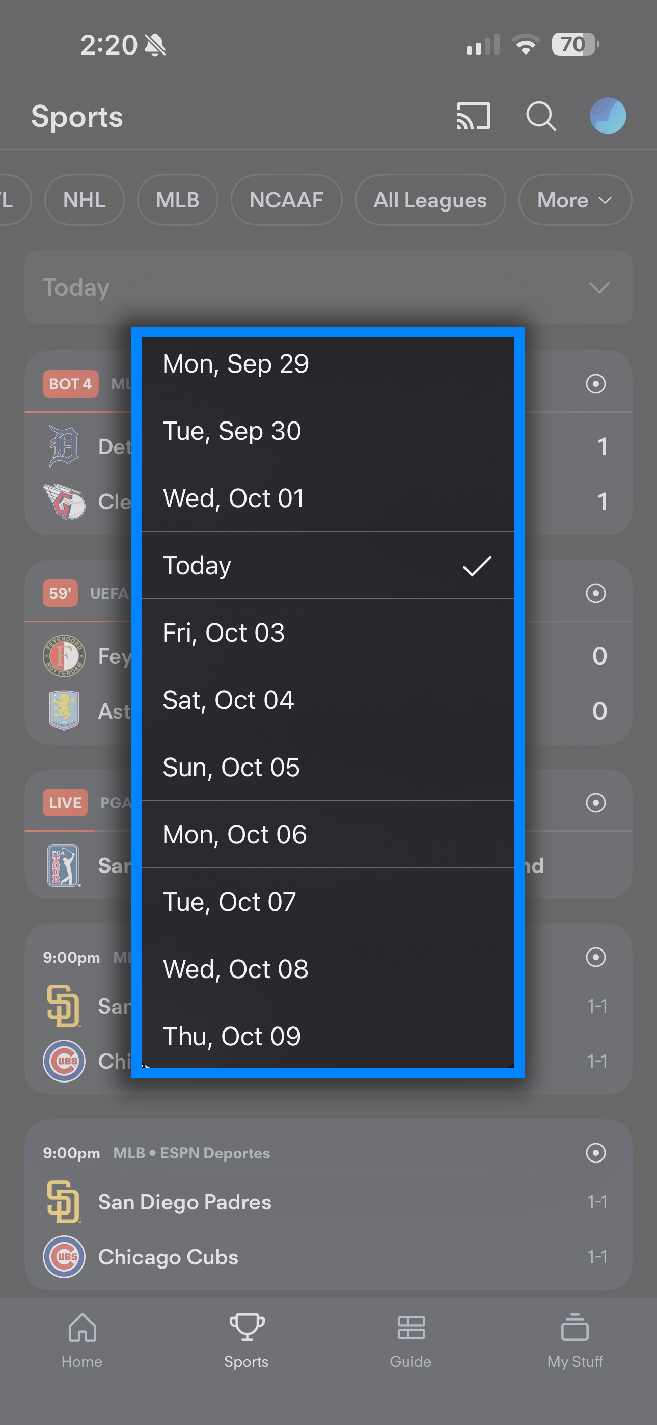 Filtro de liga de la pantalla de Deportes de la app de Fubo en iOS