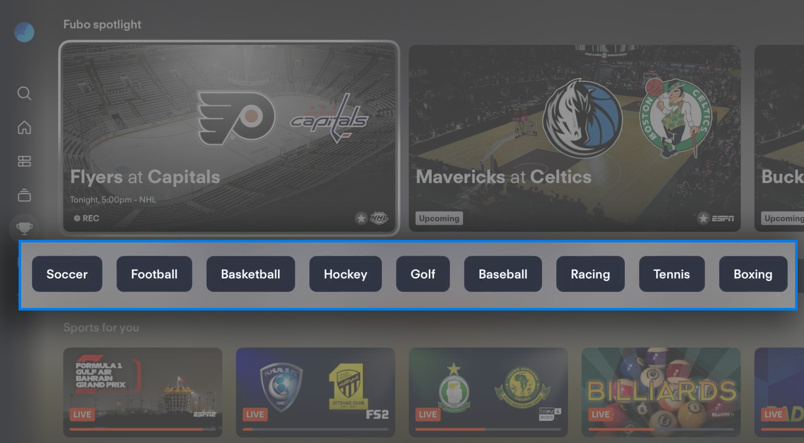 Pantalla de Deportes de la app de Fubo en tvOS; selecciona un deporte para ver la programación