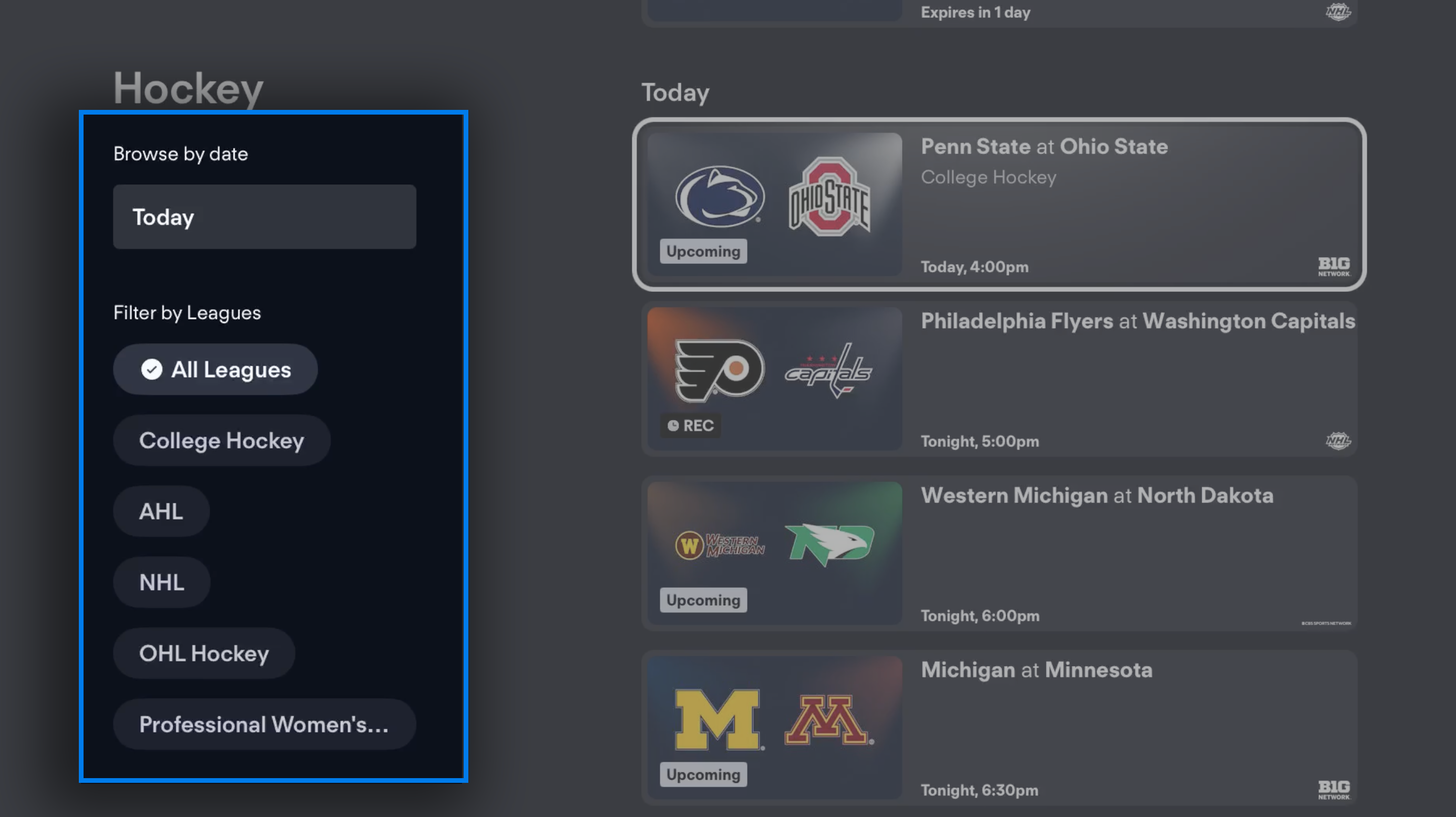 Pantalla de Deportes de la app de Fubo en tvOS; filtros de fecha y liga destacados