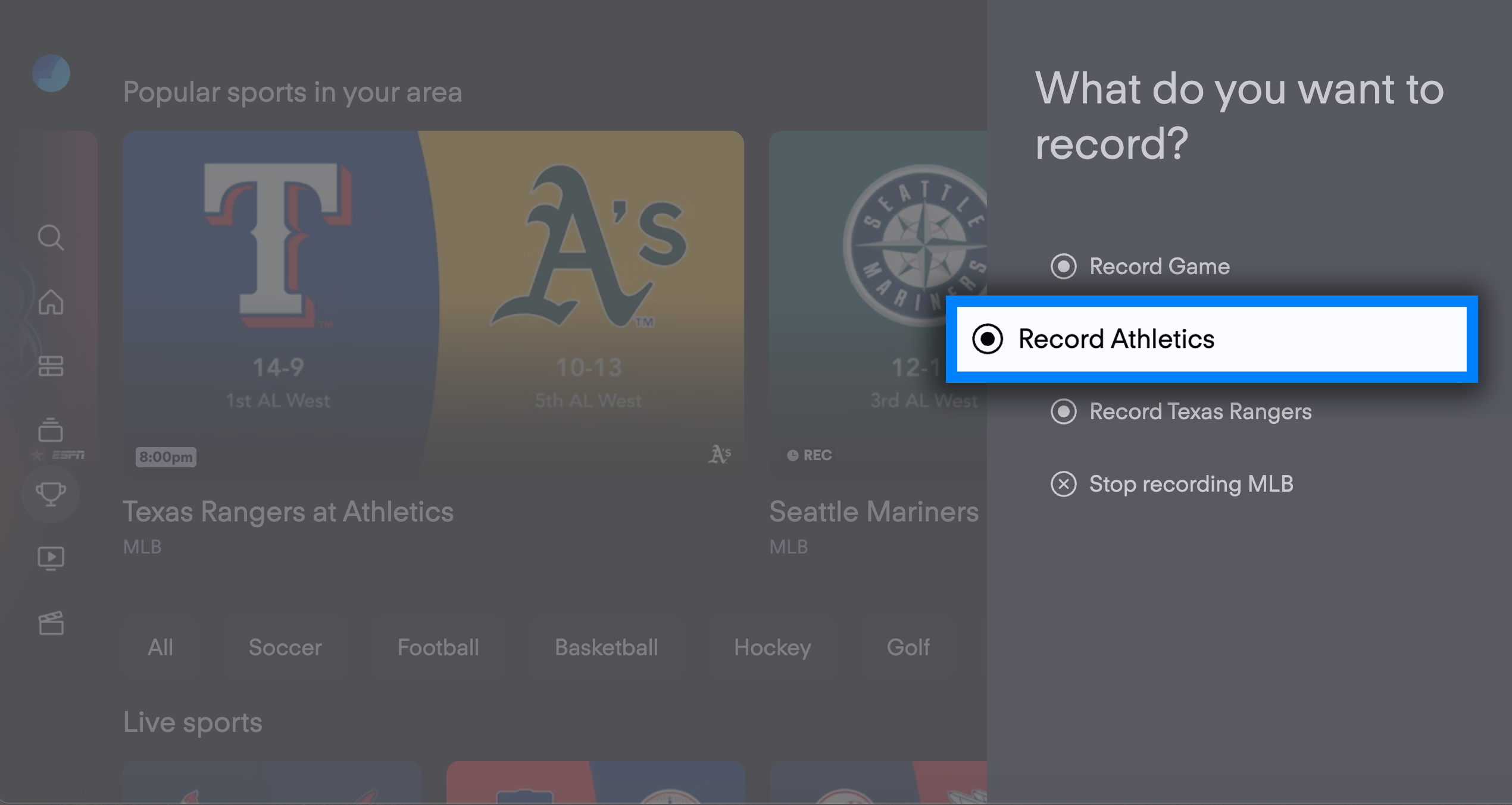 Team recording options for an MLB game on the Fubo app for a connected TV device