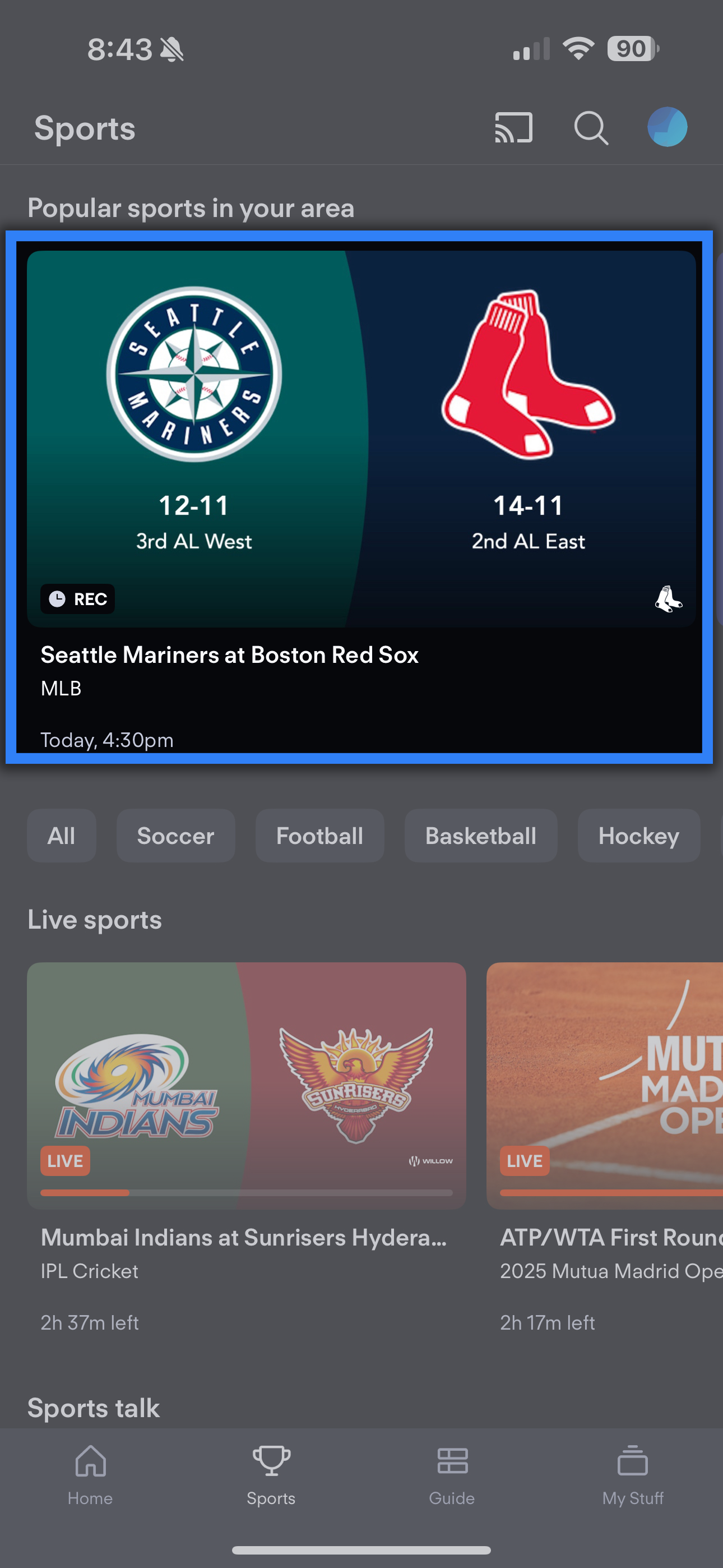 Pantalla de Deportes de la app Fubo en móvil con un partido de MLB resaltado