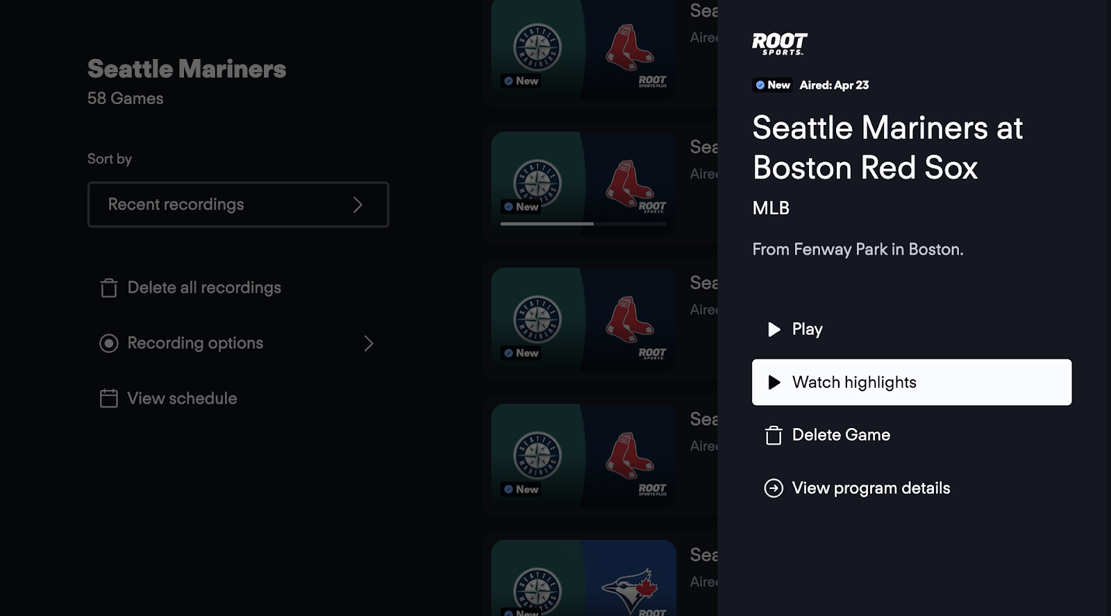 Flyout menu of the Fubo app showing available recording options. Watch highlights is focused.