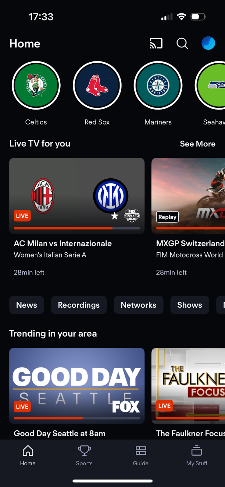 The Team News carousel at the top of the Home screen of the Fubo app on a mobile device