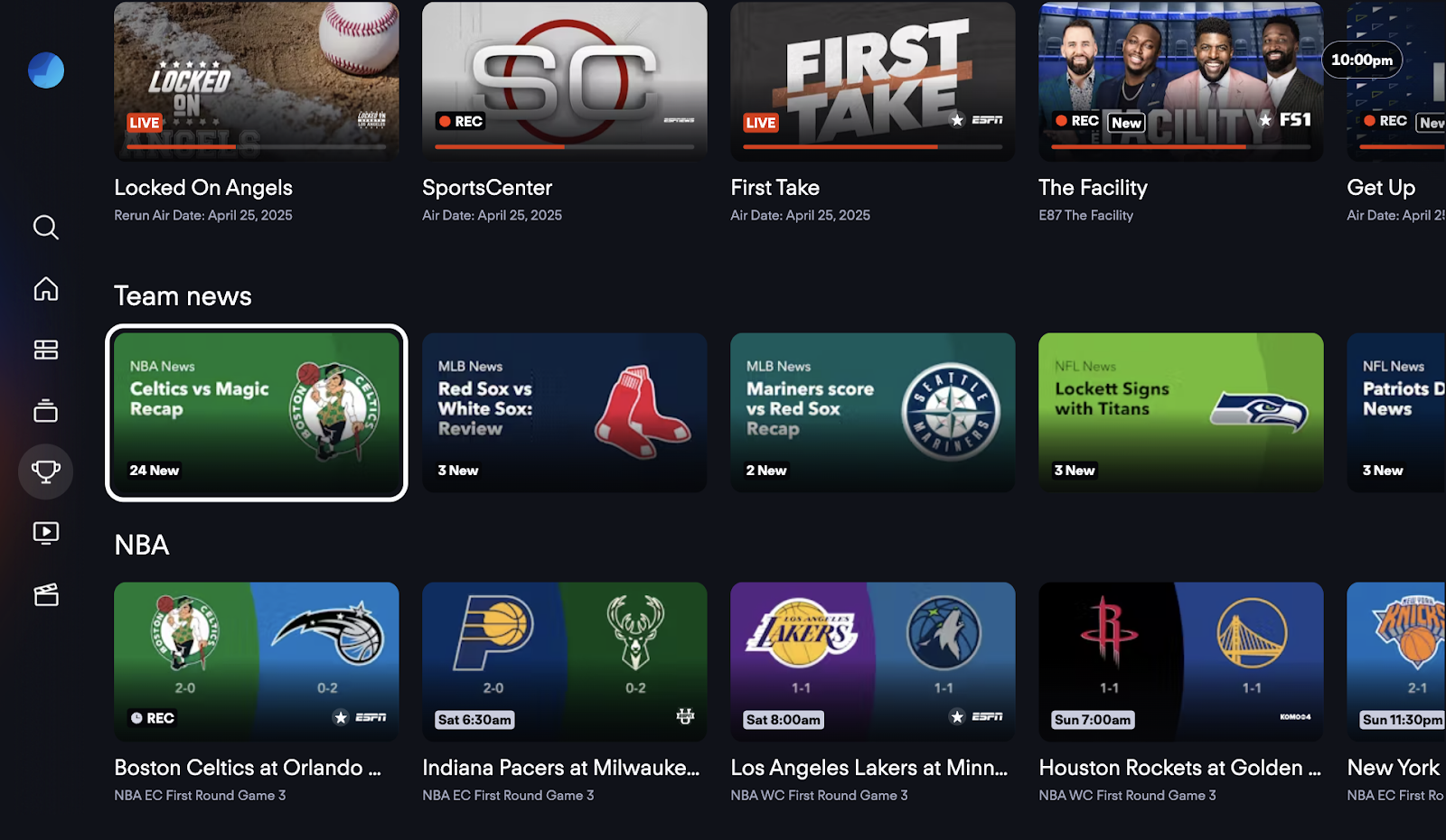 The Team News carousel on the Sports screen of the Fubo app on a connected device