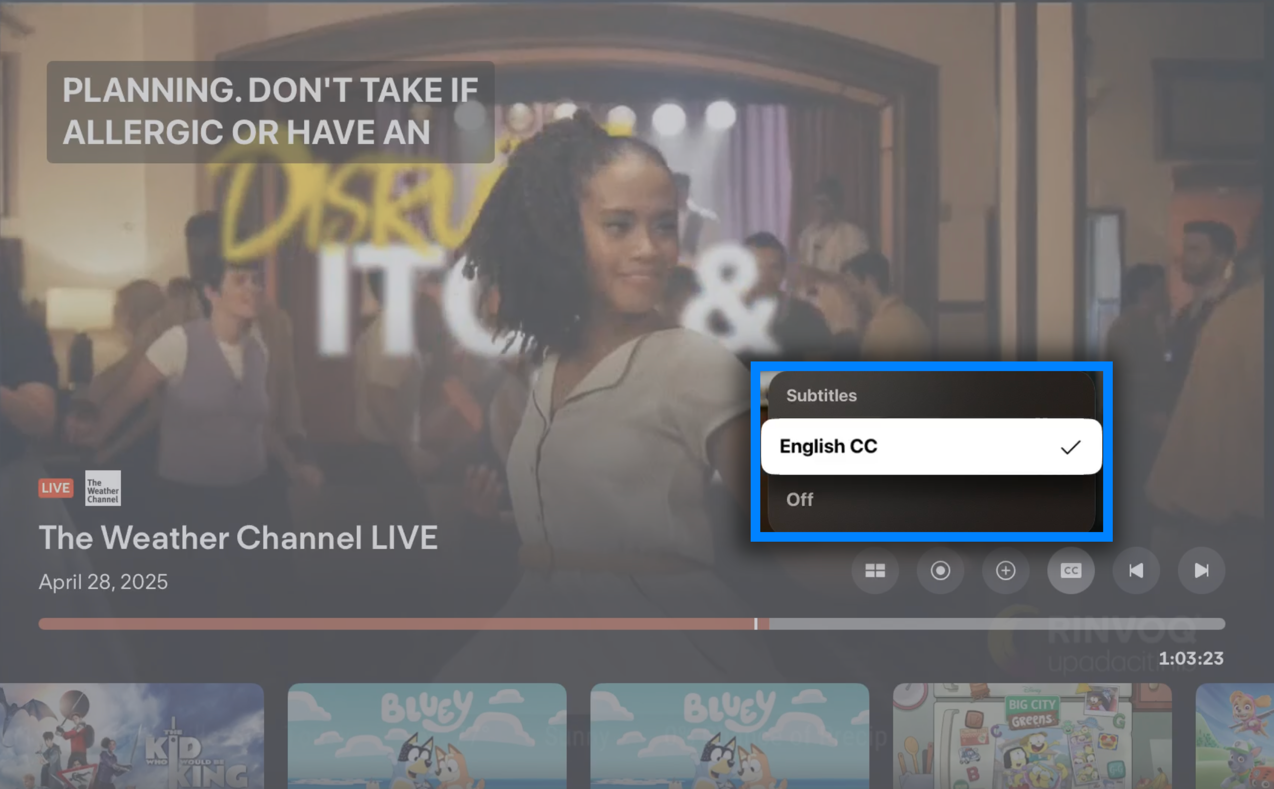 Closed captions option of the Fubo app on a connected device; scroll to the icon and enable or disable captions