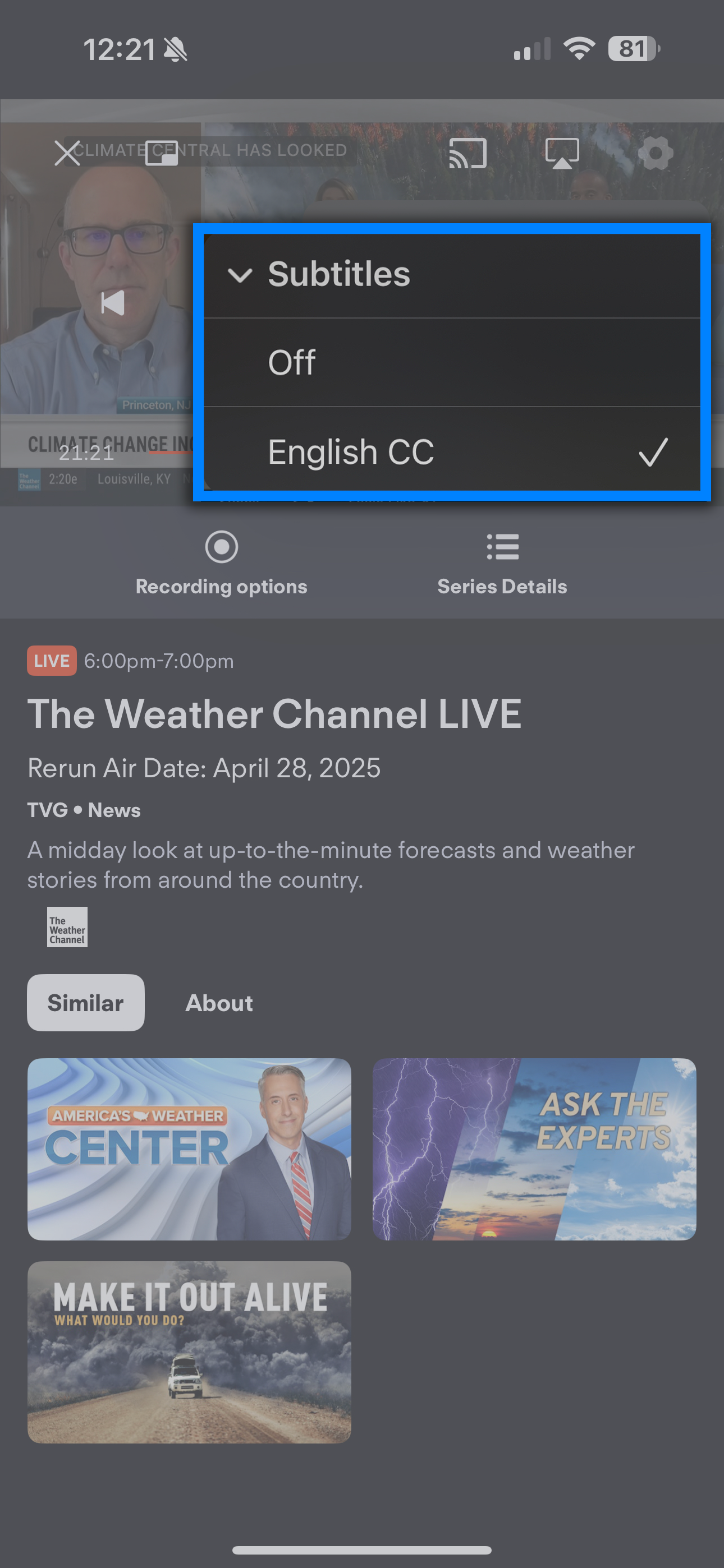 Captions option of the Fubo app on a mobile device; access from the video player screen