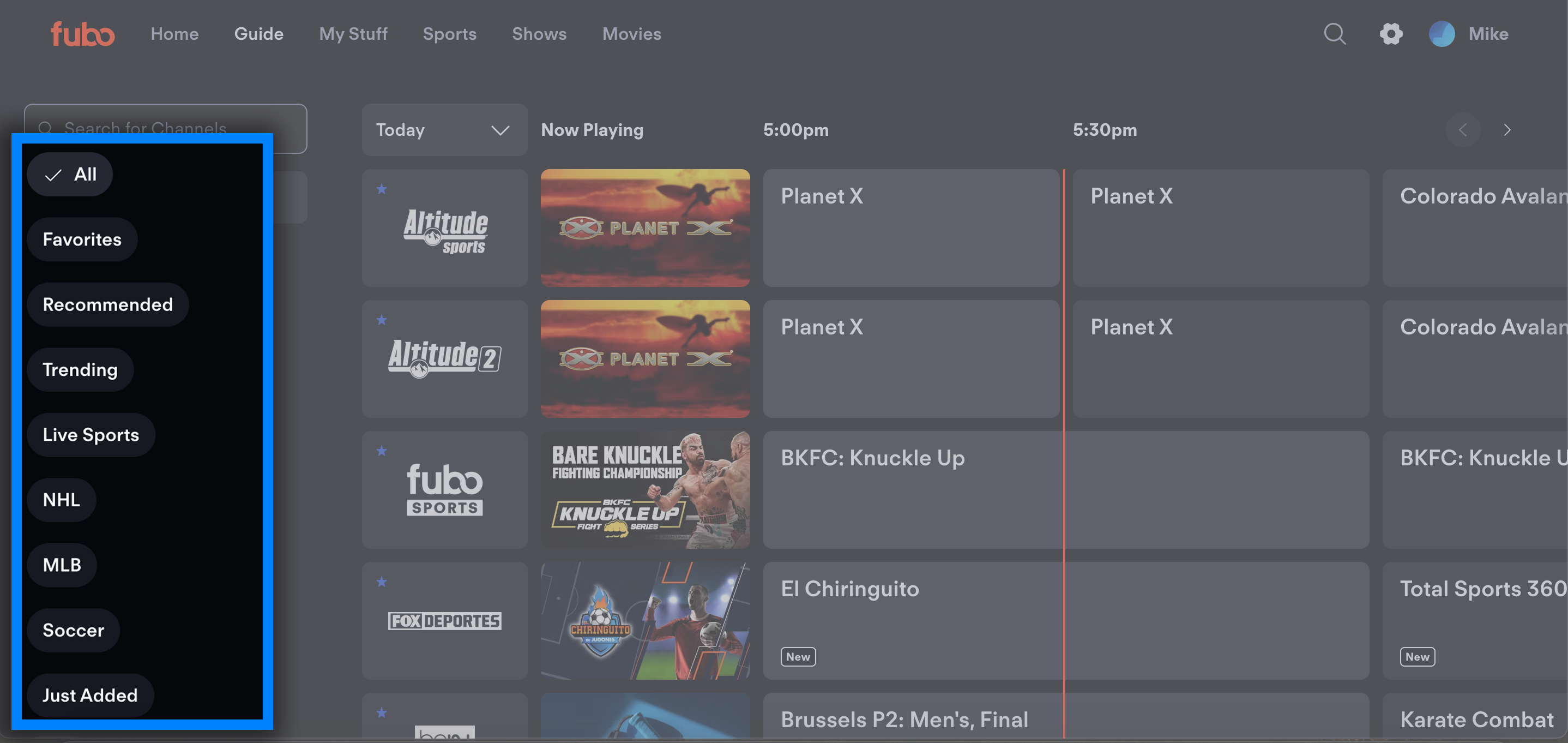 Los filtros de guía en la versión web de Fubo están ubicados en el lado izquierdo de la pantalla; desplázate hacia arriba o abajo para ver más opciones de filtro
