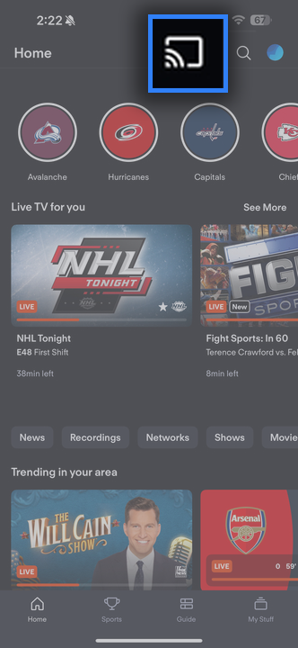 Cast icon of the Fubo app on a mobile device; tap to view cast-enabled devices