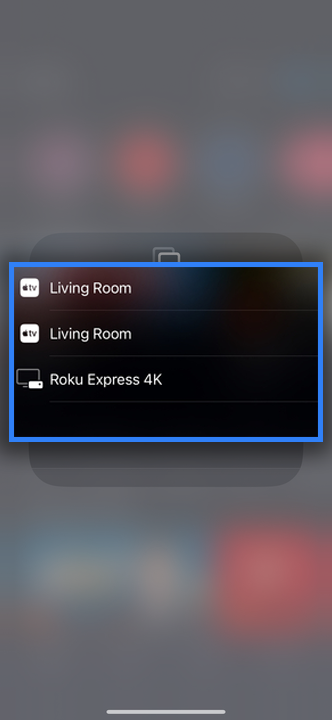 Cast-enabled devices visible from the Fubo app on a mobile device; select a device option to start casting