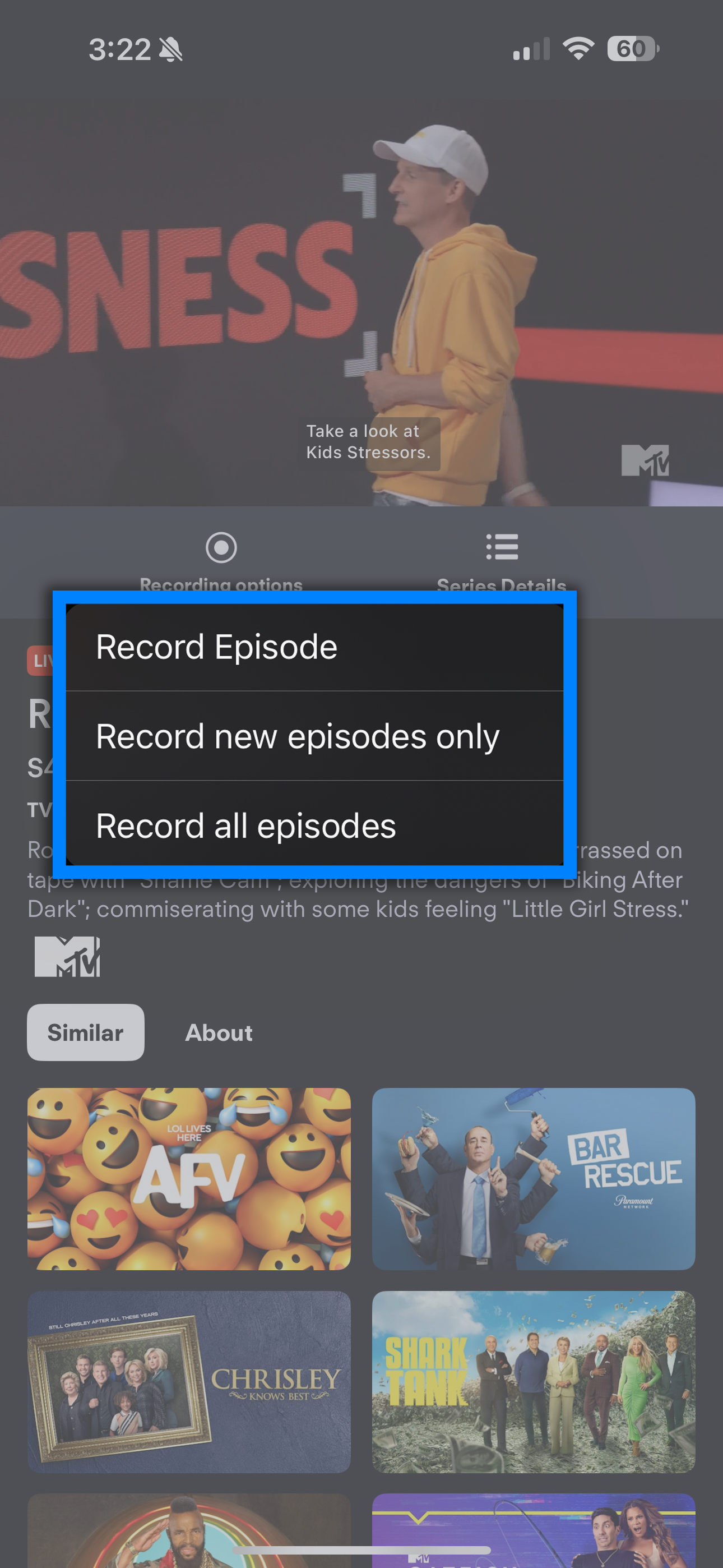 Series recording options for the Fubo app on a mobile device