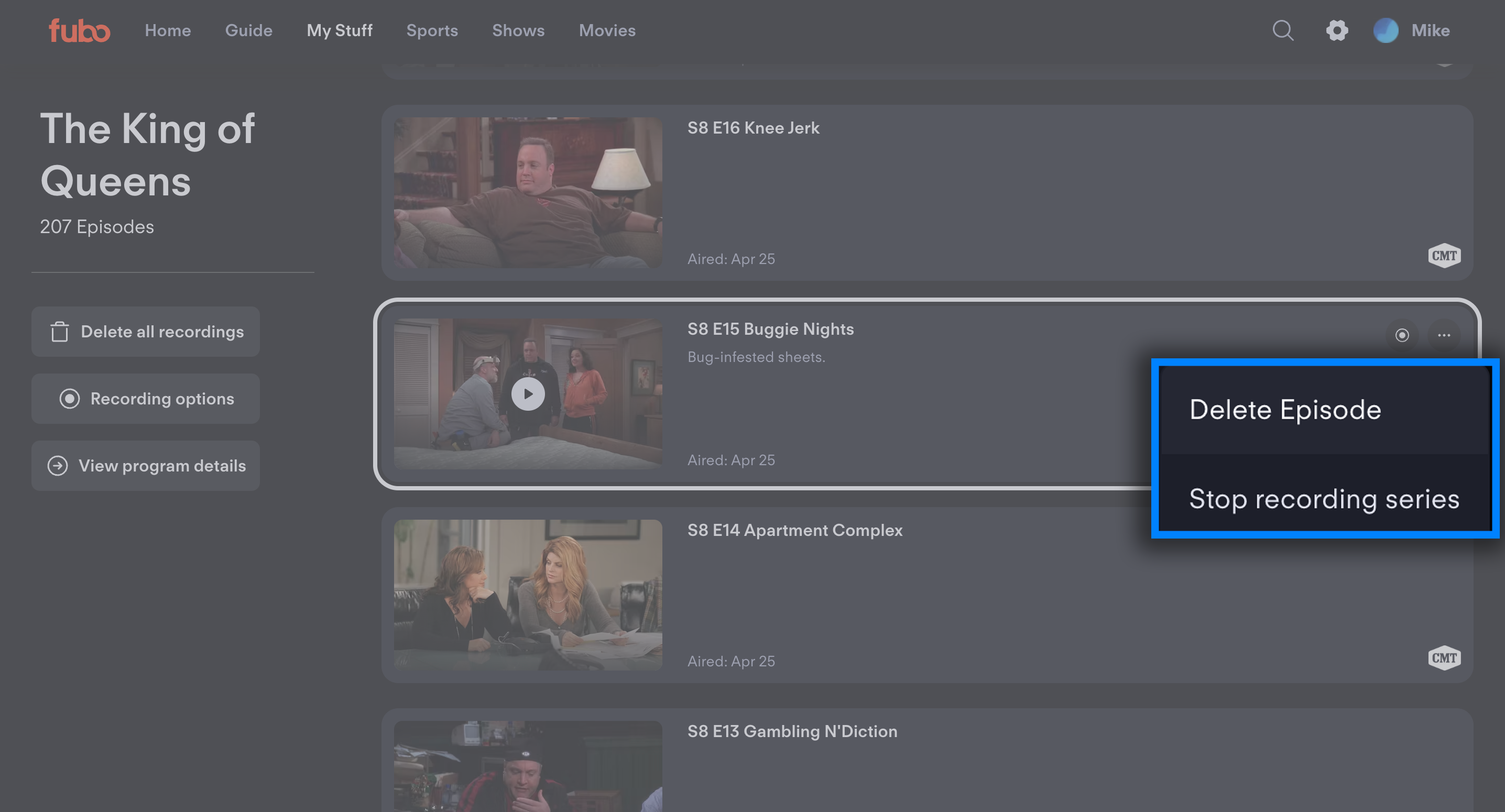 Delete an individual episode from the Fubo browser app