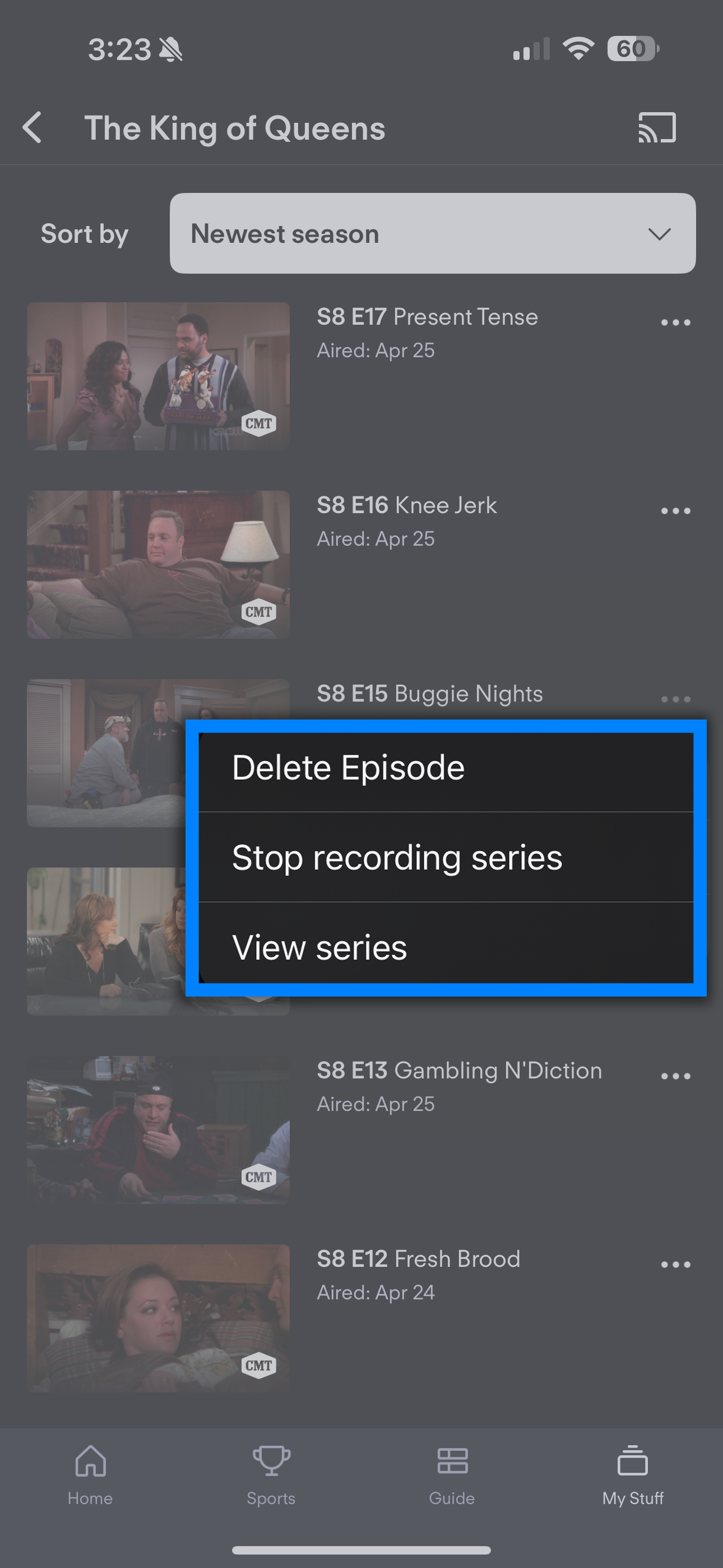 Delete an individual recorded episode in the Fubo app on a mobile device