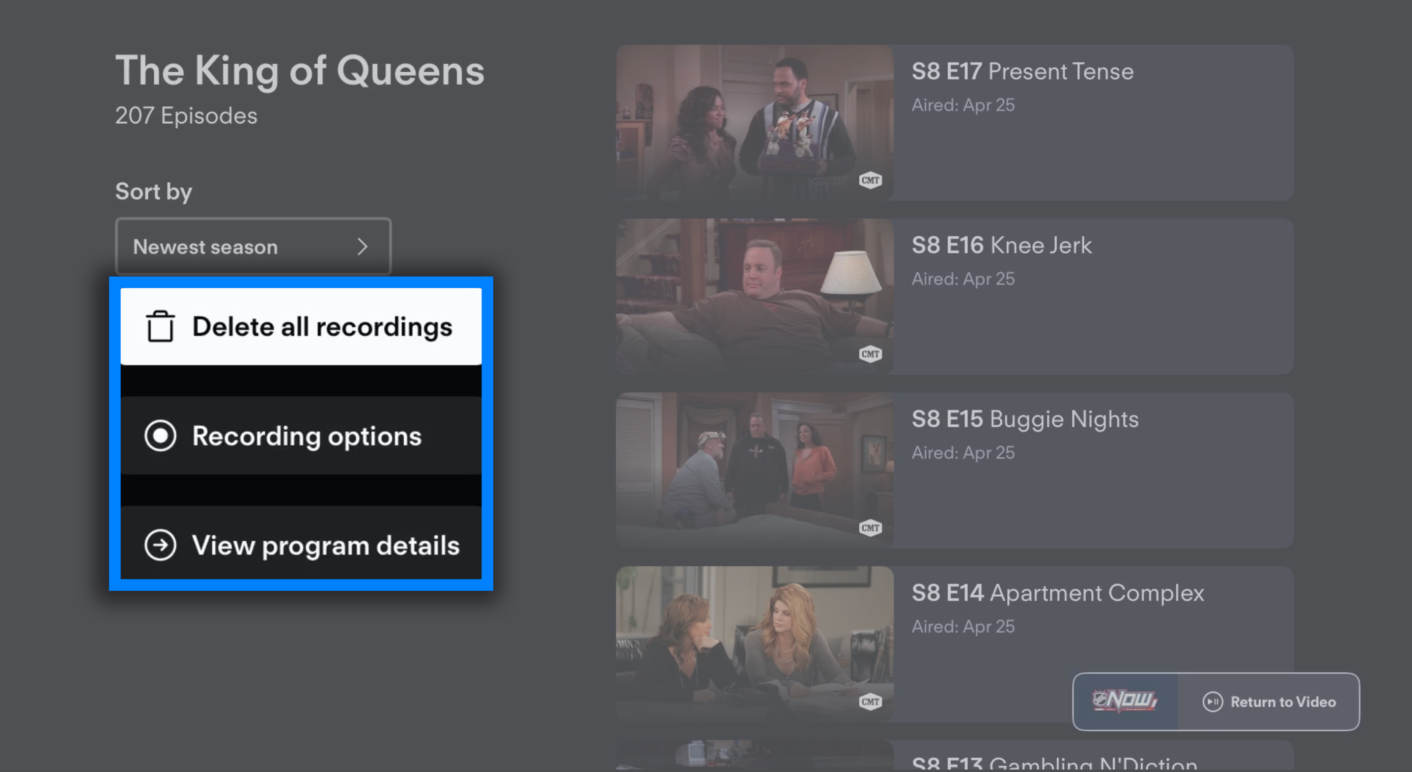 Series options of a recording folder in My Stuff - delete all episodes, change recording frequency, or stop recording the series