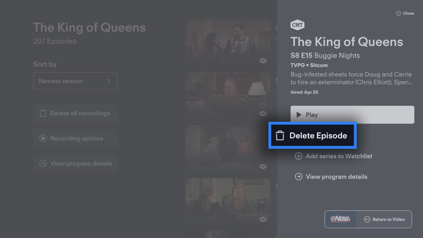 Delete an individual episode of a series recording by selecting the episode from the recording folder, then choosing Delete Episode