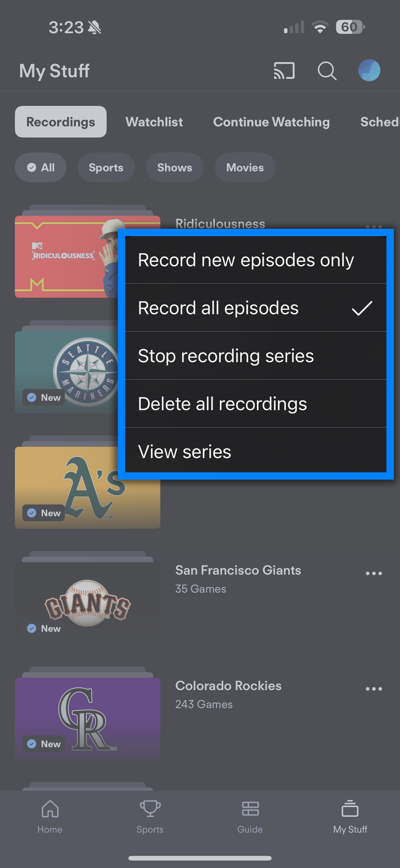 Series management options from the Fubo app on a mobile device