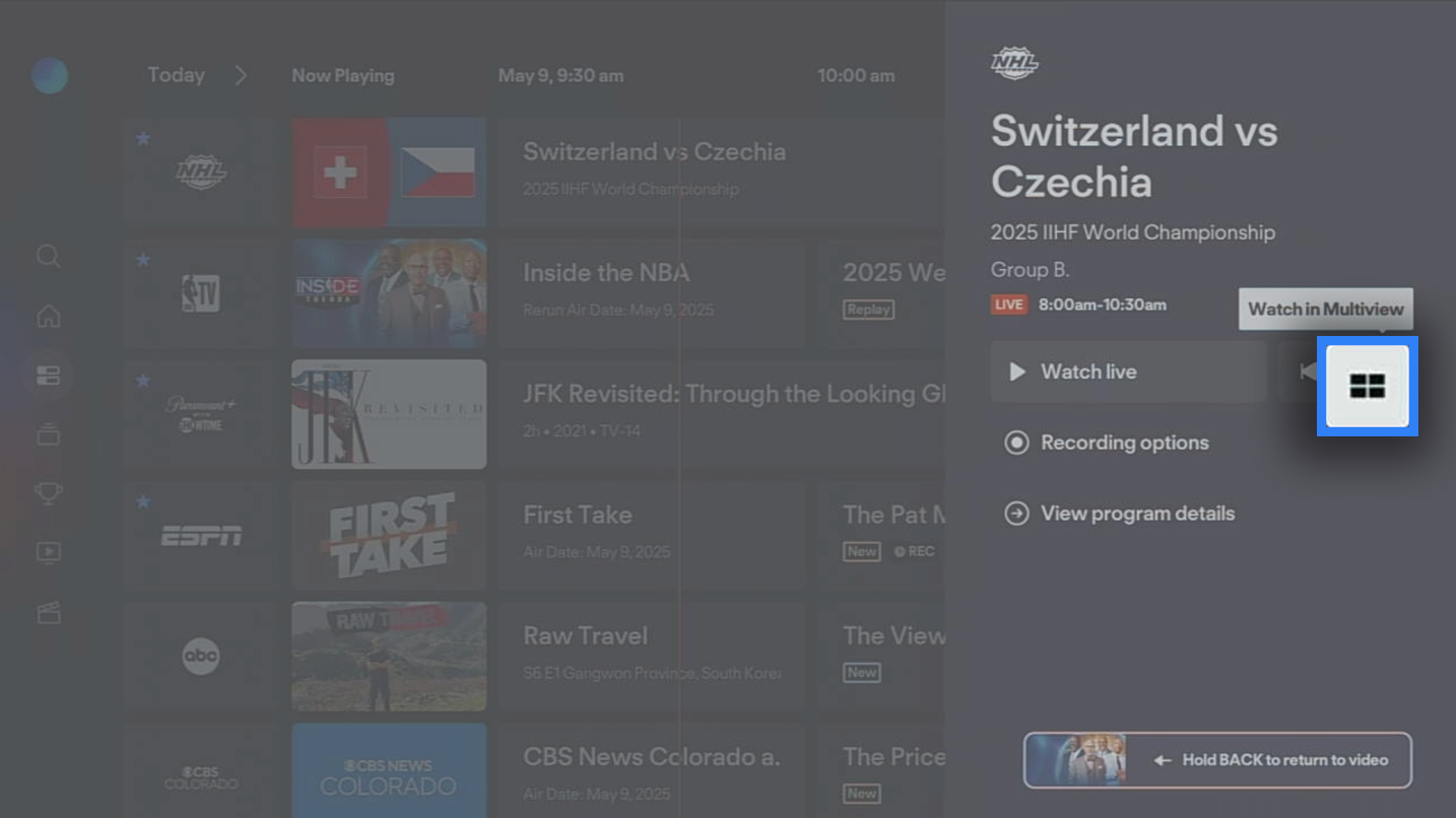 Watch in Multiview icon in the context menu for a program selected from the guide in the Fubo app on a Roku device