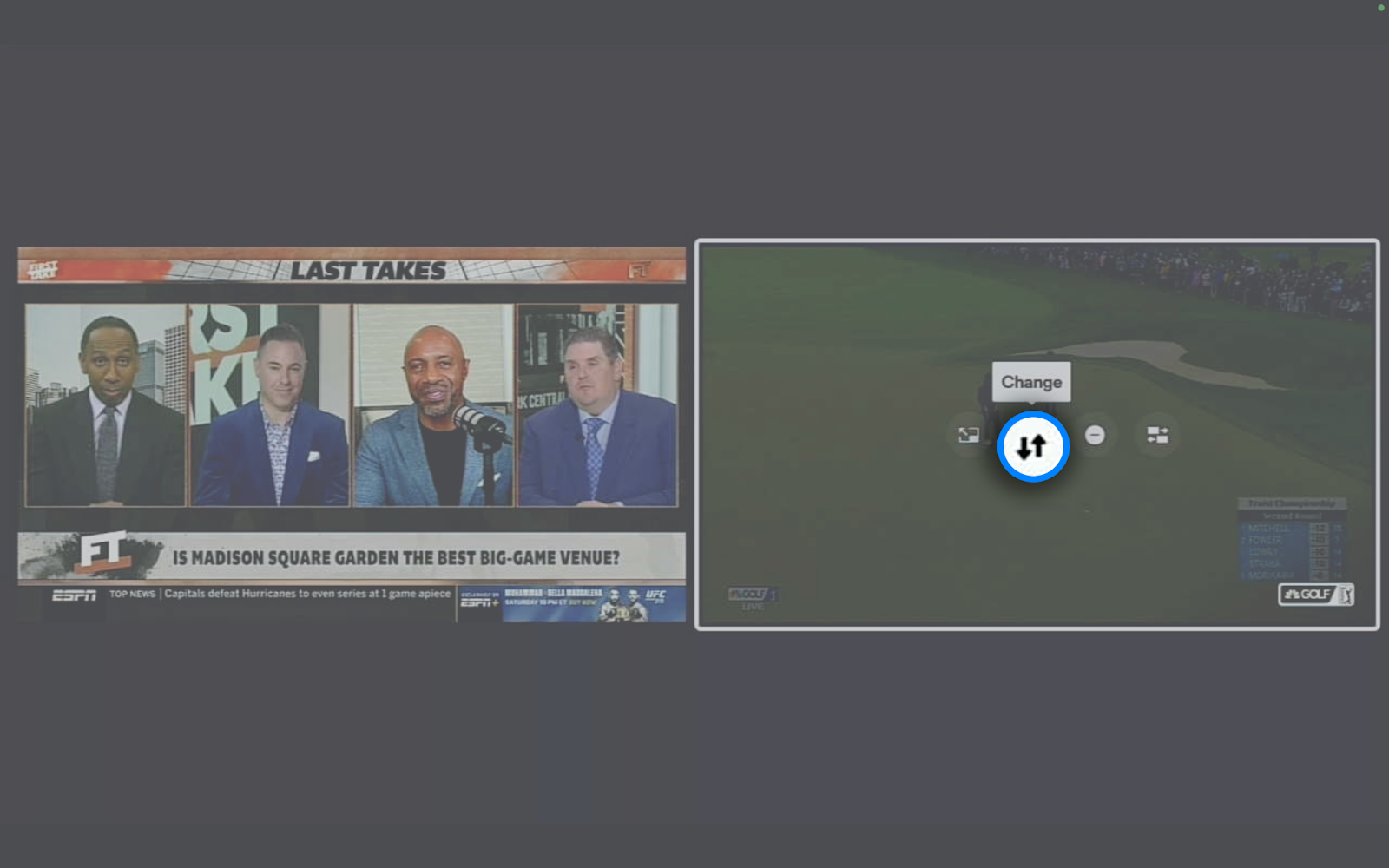Ícono de Cambiar para un programa visto en Multiview que permite cambiar uno de los canales
