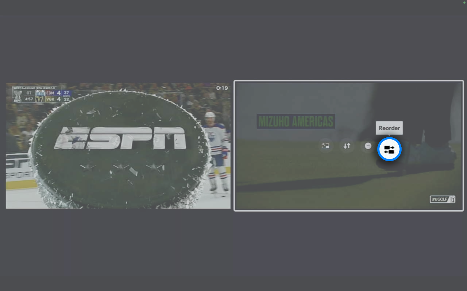 Ícono para reordenar canales en Multiview en Roku; permite cambiar el orden de los canales que estás viendo