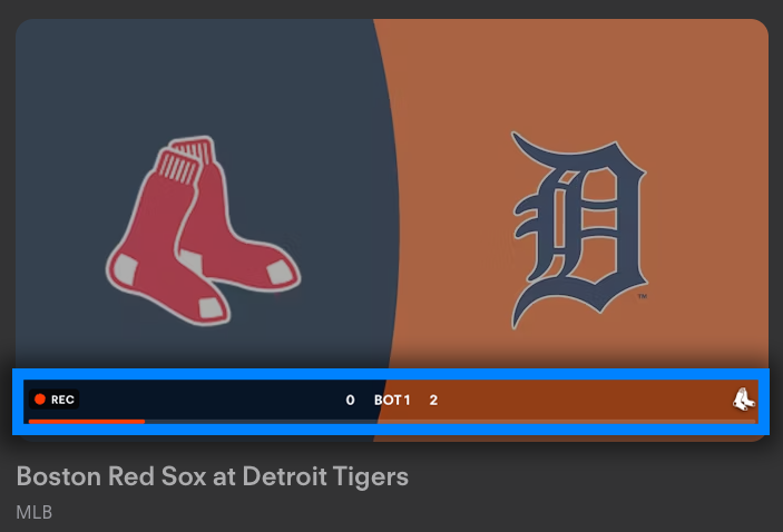 Game tile in the Fubo web app showing the live score for an in-progress game