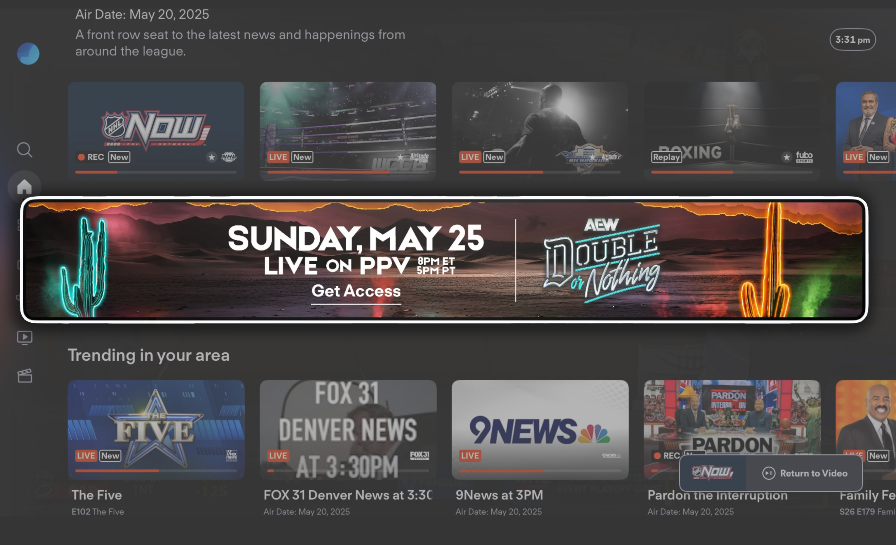 Pay-Per-View banner on the Home screen of the Fubo app