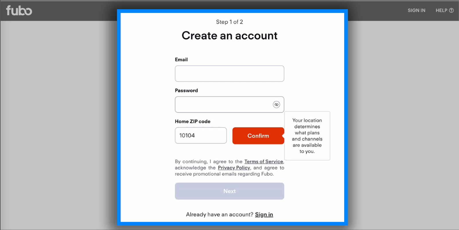 Account creation screen for fubo.tv