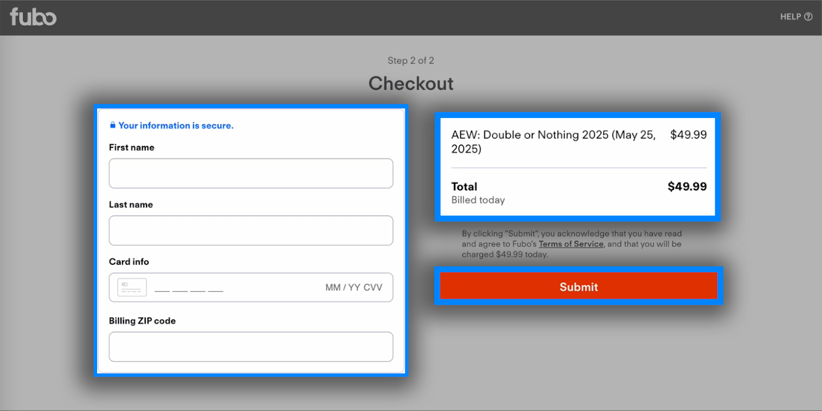 payment information entry screen on fubo.tv