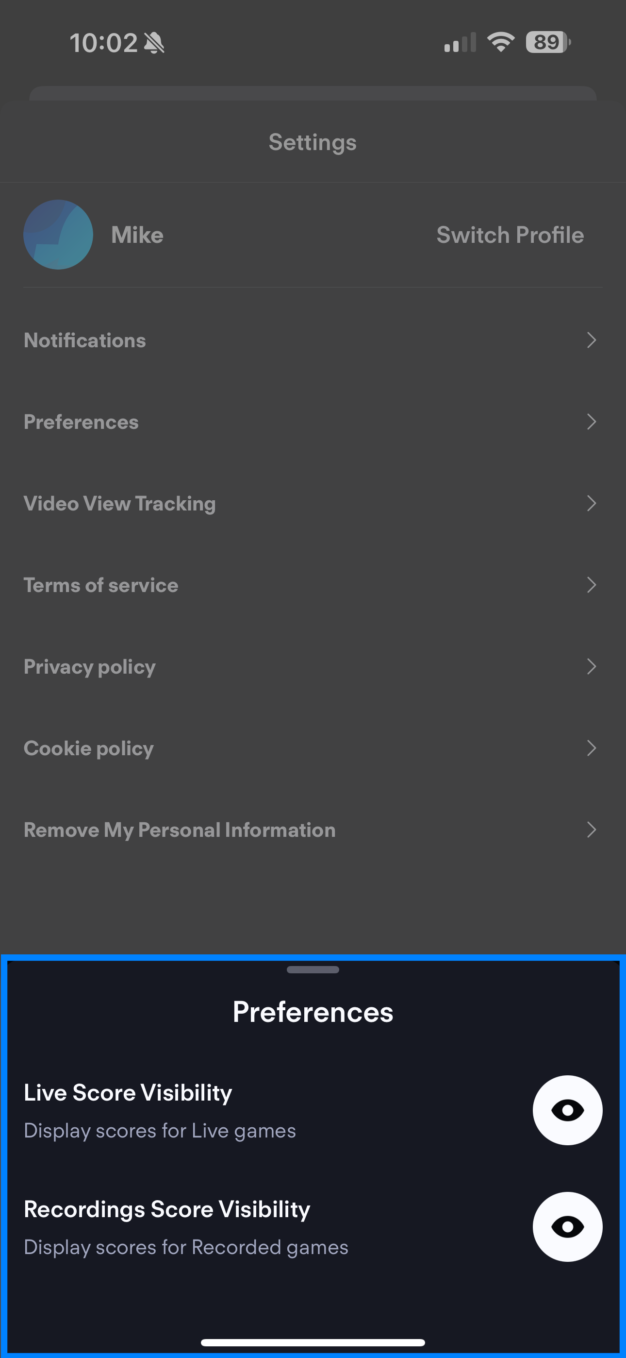 Option to disable Live or Records scores appearing in the Fubo app on a mobile device