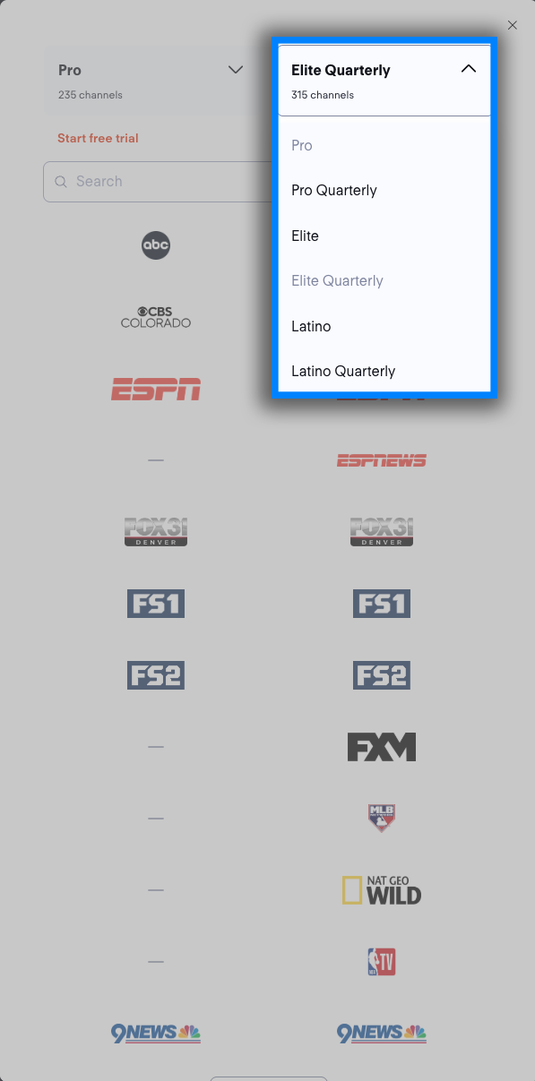 Plan comparison modal; select two different plans to compare available channels