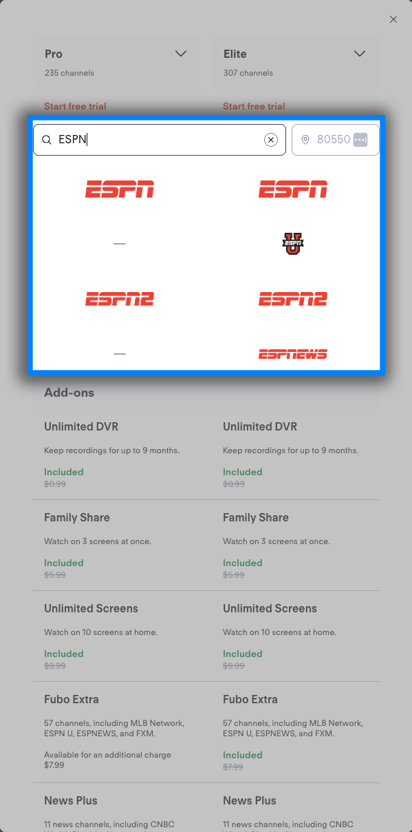 Use the search box in the Compare Plans screen to see if a specific channel is including in either plan you're comparing