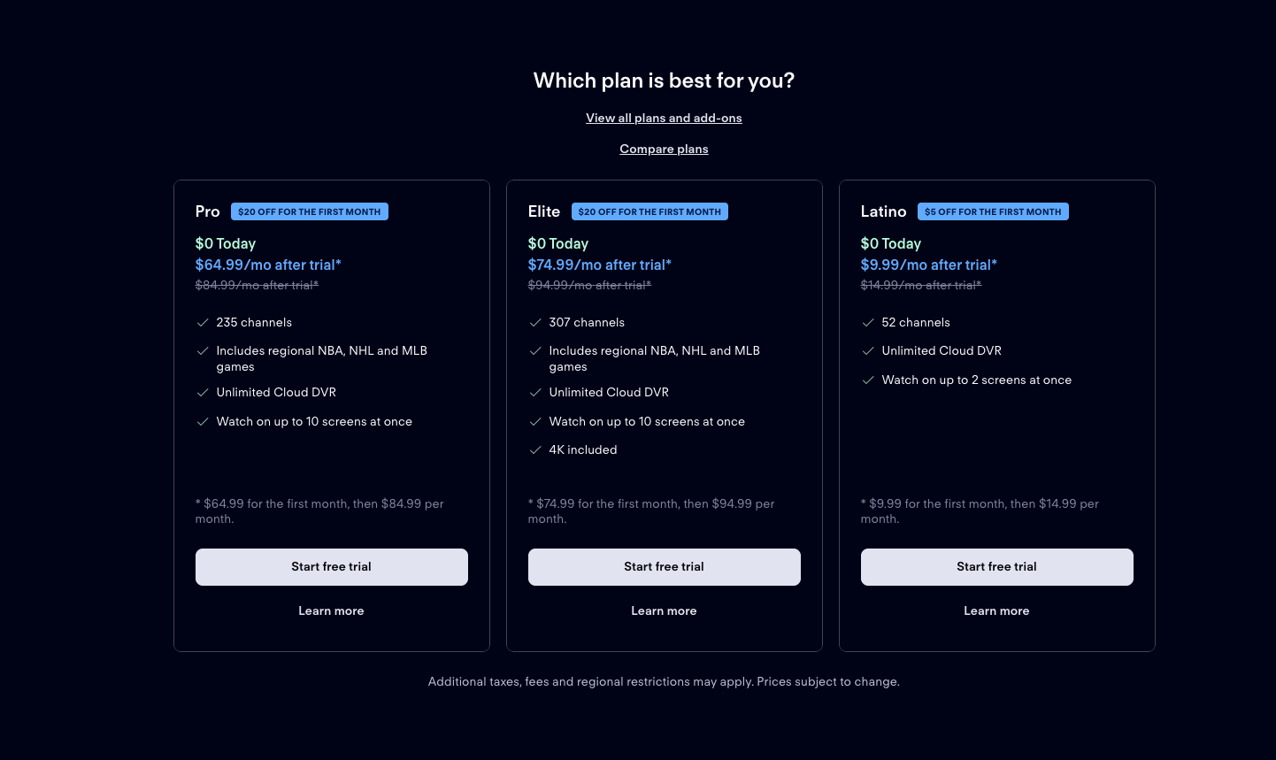 Featured plans on the Fubo homepage: Pro, Elite, and Latino