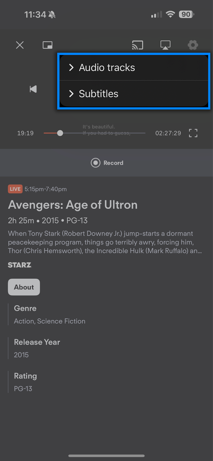 the settings options menu for Fubo on a mobile device
