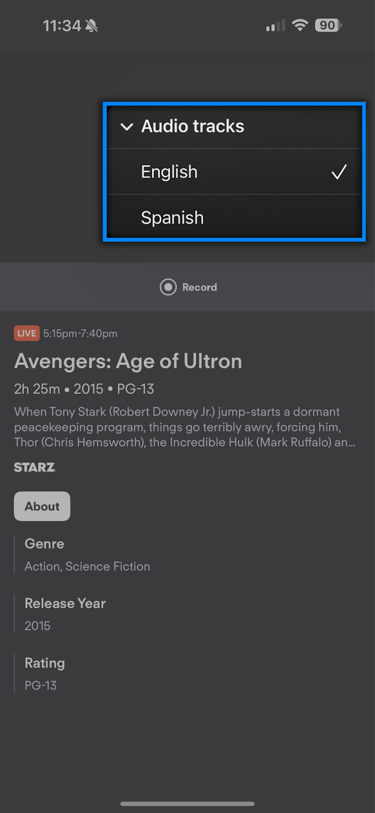 available language tracks for the Fubo app on a mobile device