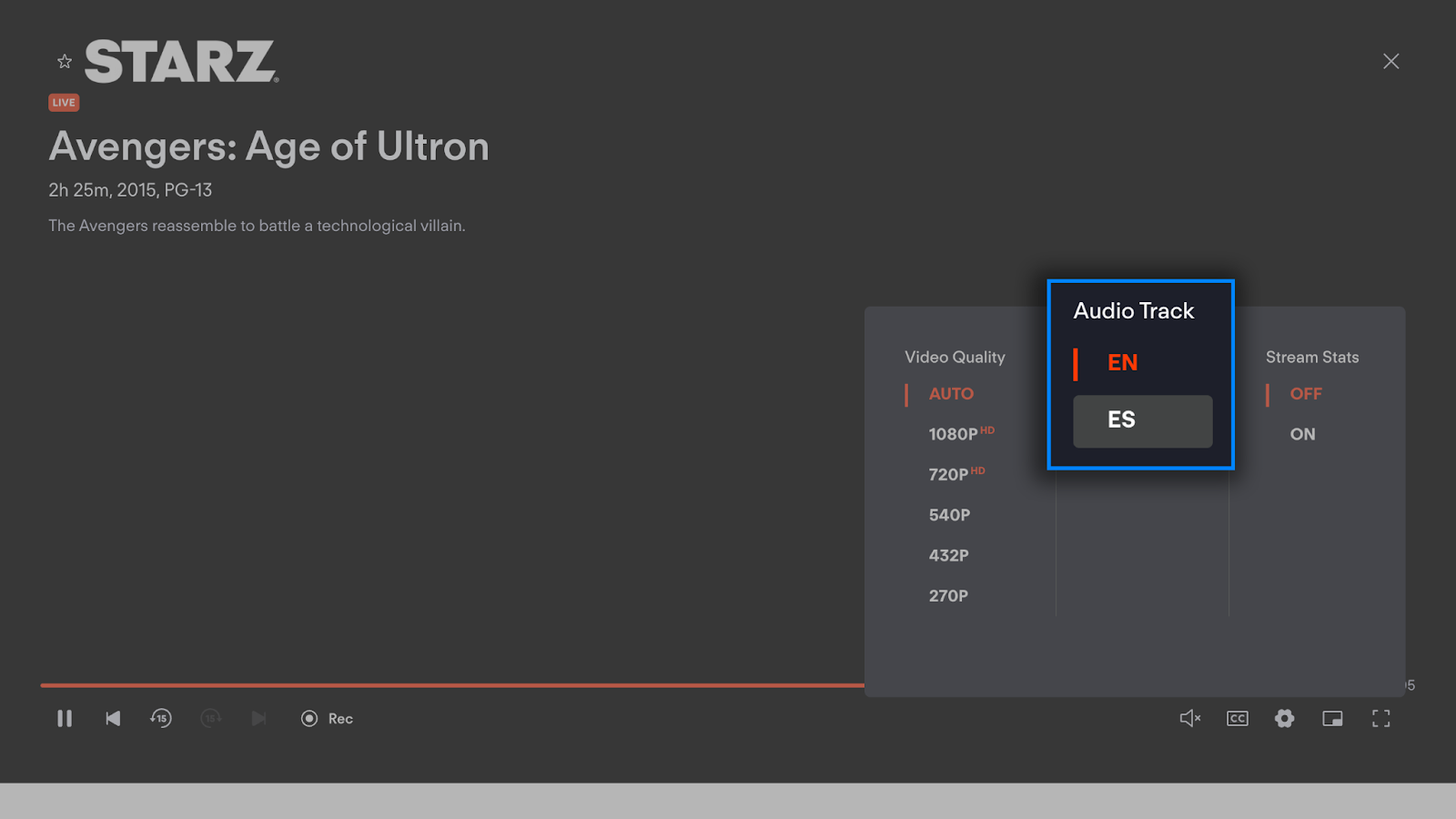available settings with language tracks highlighted on the Fubo browser player
