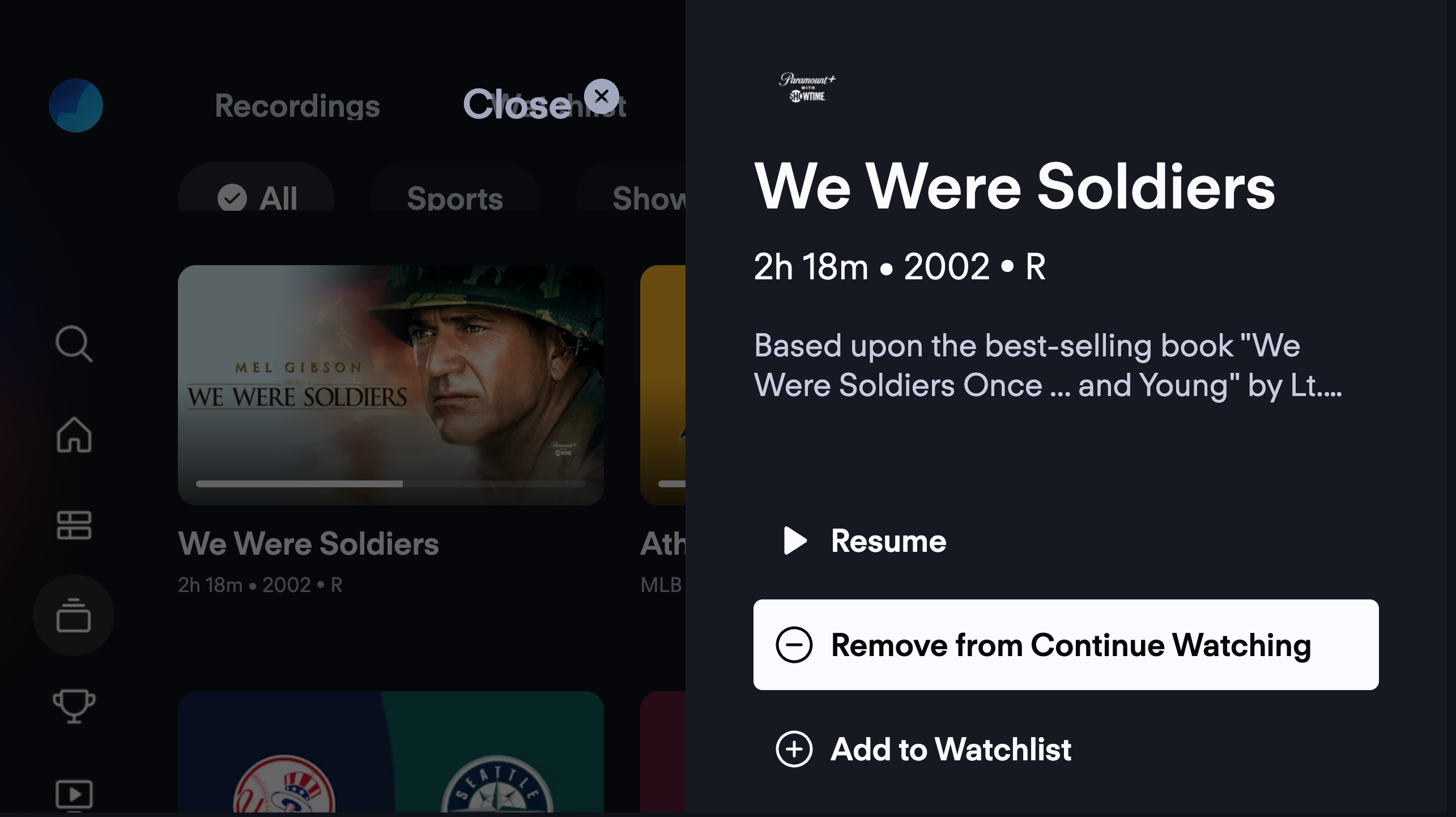 Removing a program from Continue Watching on the Fubo app for a connected device